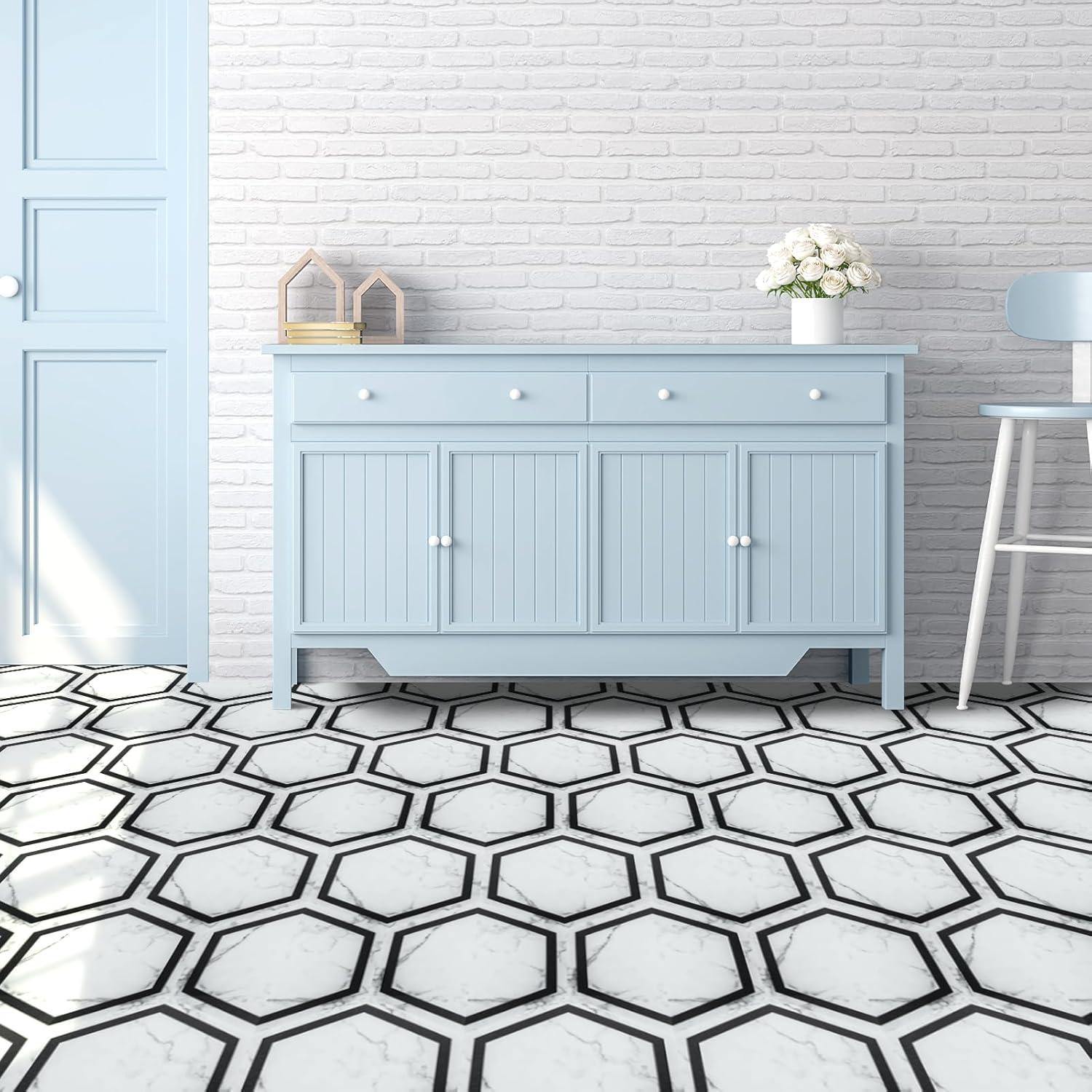 Hexagon White Marble Self-Adhesive Vinyl Floor Tiles