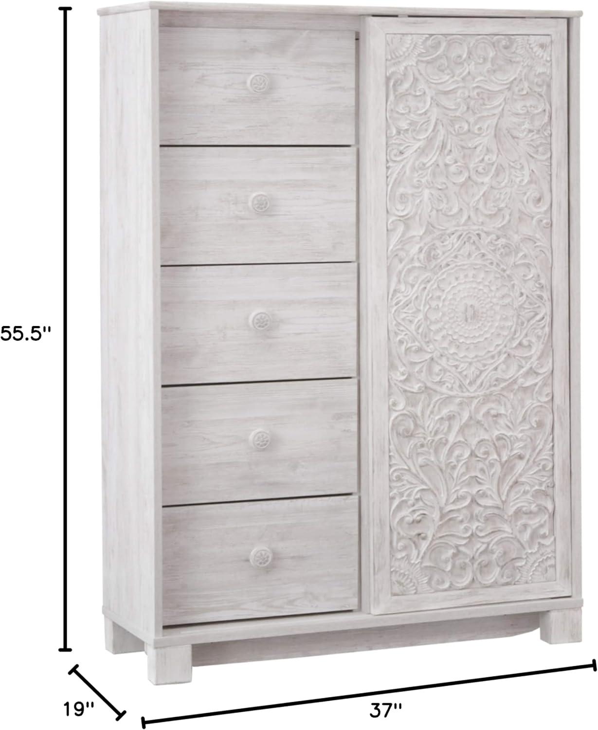 Paxberry Dressing Chest White Wash - Signature Design by Ashley: Boho-Chic 5-Drawer Storage, Carved Sliding Door