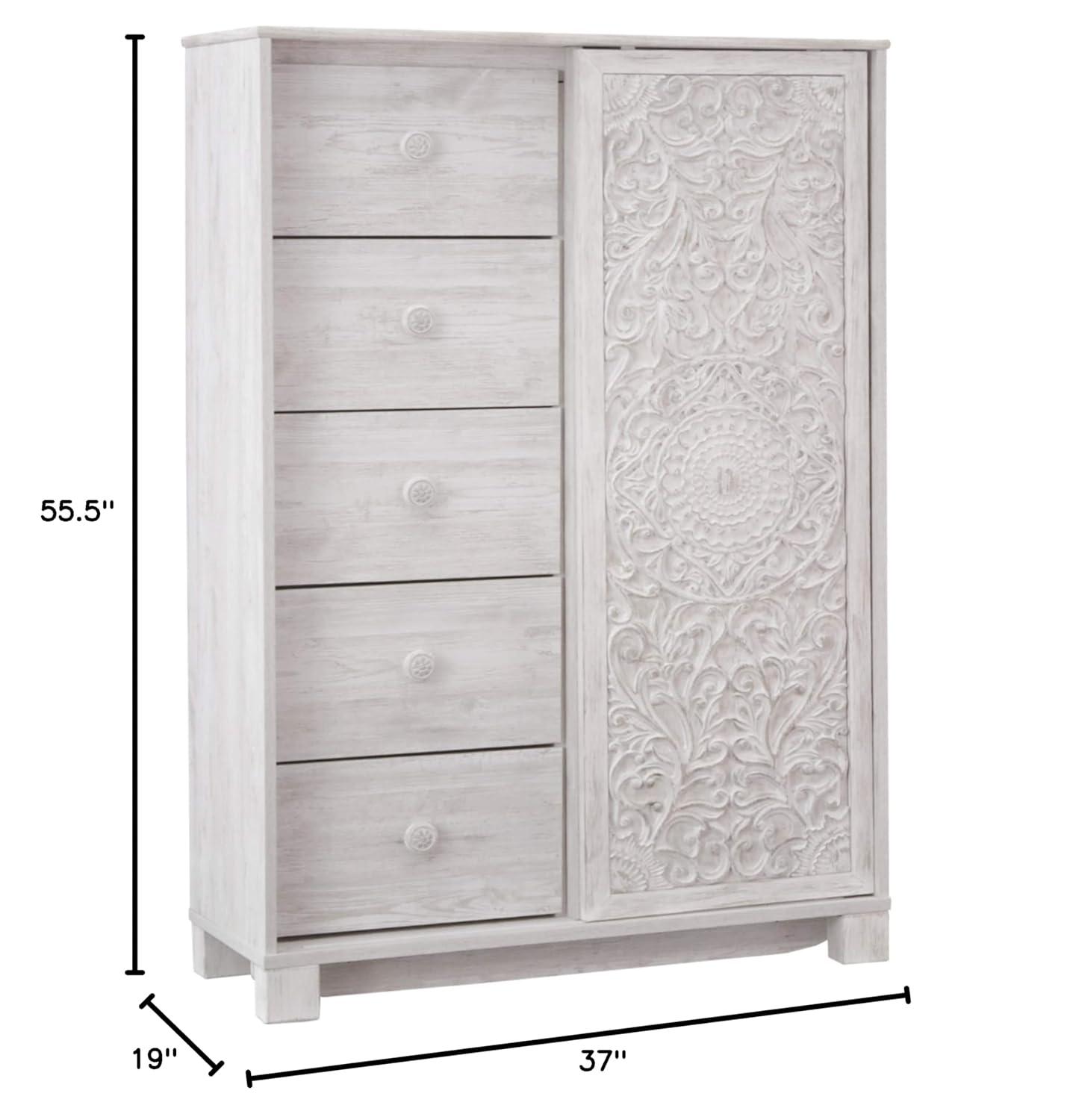 Paxberry Dressing Chest White Wash - Signature Design by Ashley: Boho-Chic 5-Drawer Storage, Carved Sliding Door
