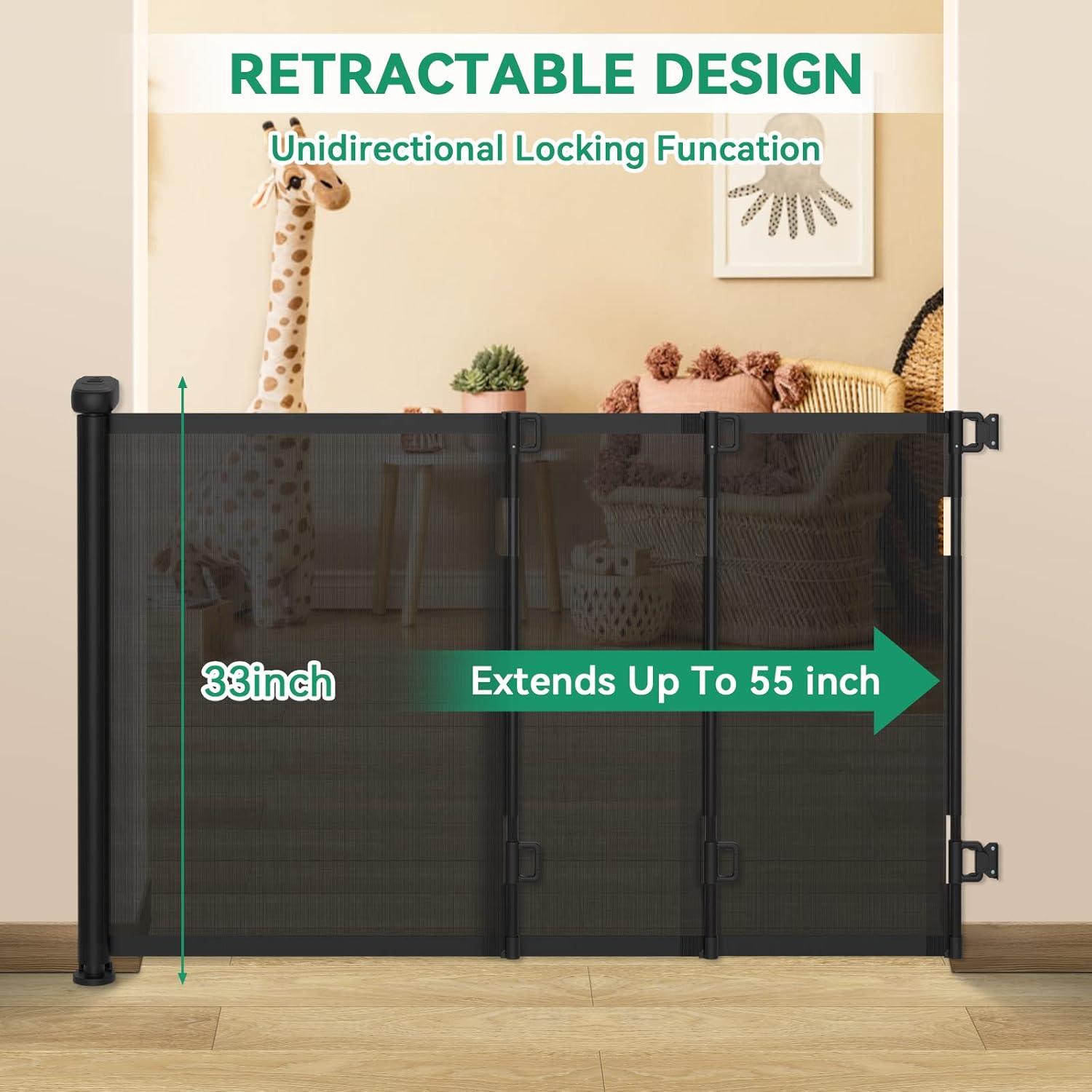 Black Retractable Baby and Pet Safety Gate, 55 Inch