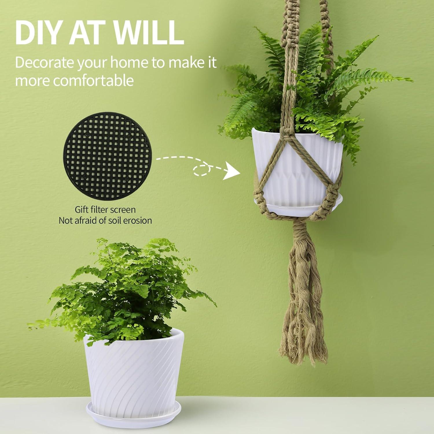 Plant Pots - 5.5 Inch Cylinder Ceramic Planters with Connected Saucer, Pots for Succuelnt and Little Snake Plants, Set of 4, White