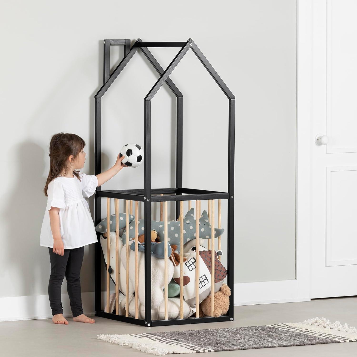 Scandinavian Black and Natural Wood House-Shaped Toy Storage Unit