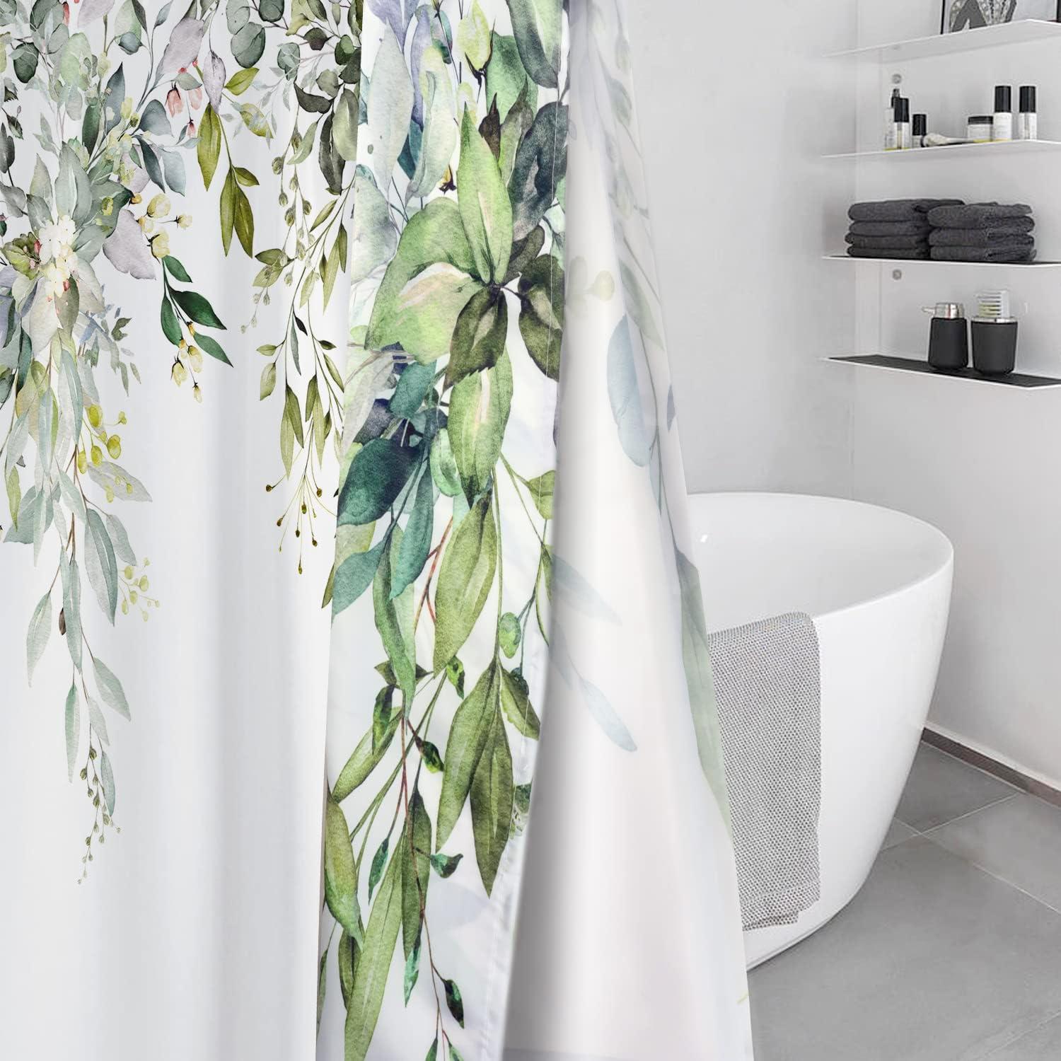 Eucalyptus Watercolor Leaves Semi-Sheer Waterproof Shower Curtain