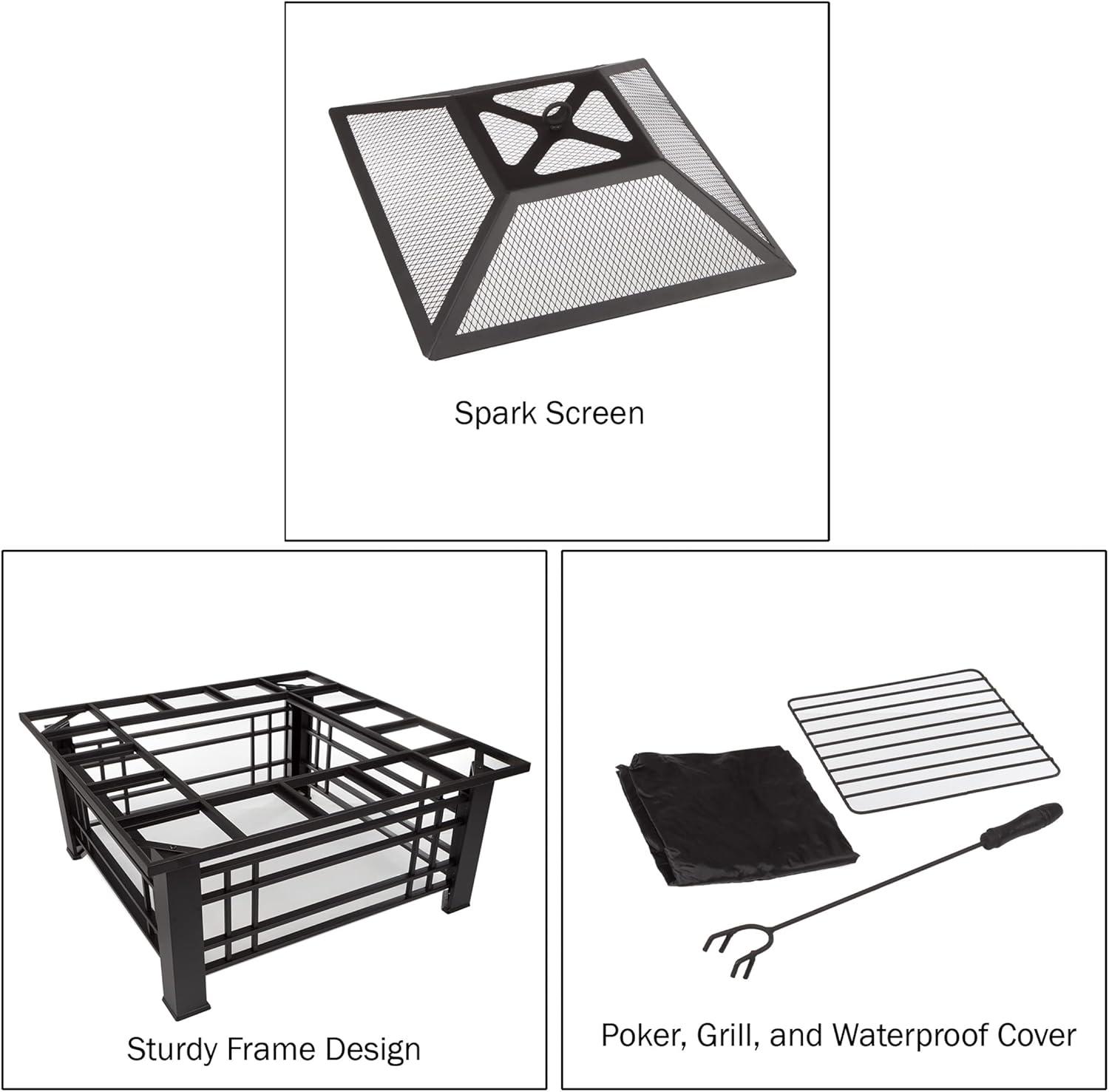 Pure Garden 32-Inch Outdoor Fire Pit with Screen, Cover, and Poker (Black)