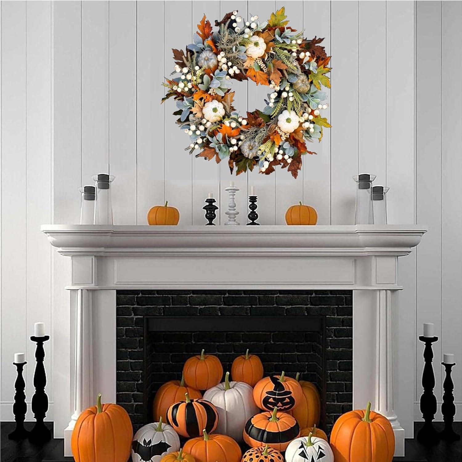 Artificial Fall Wreaths for Front Door Rustic Autumn Wreath with Pumpkin,Rose,Berry Branchesm,Mixed Leaves Thanksgiving Wreath Fall Door Wreath for Halloween Thanksgiving Indoor Outdoor Decor (A15.7)