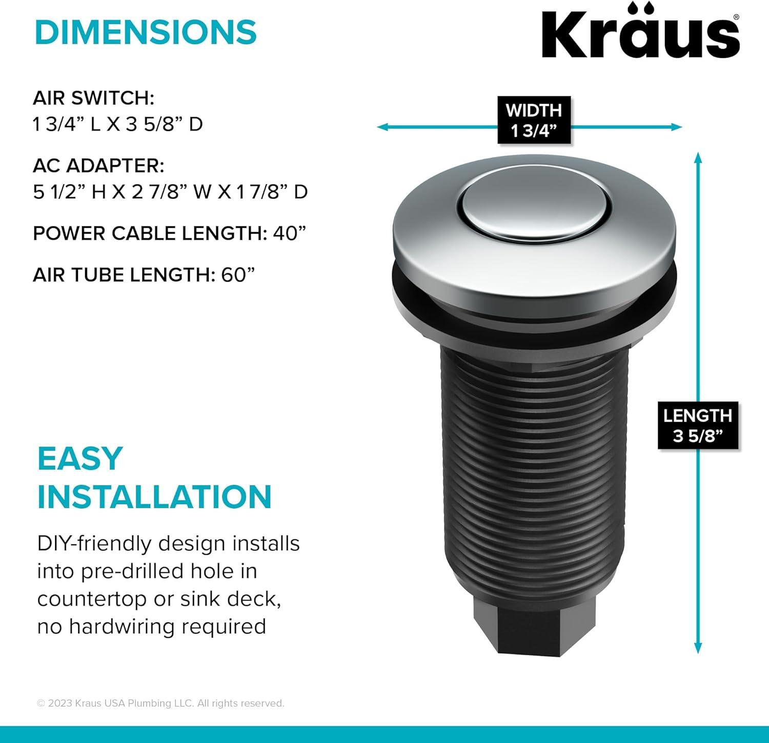 Kraus KRAUS Garbage Disposal Air Switch Kit with Push Button, AC Adapter, Power Cord, and Air Tube Included