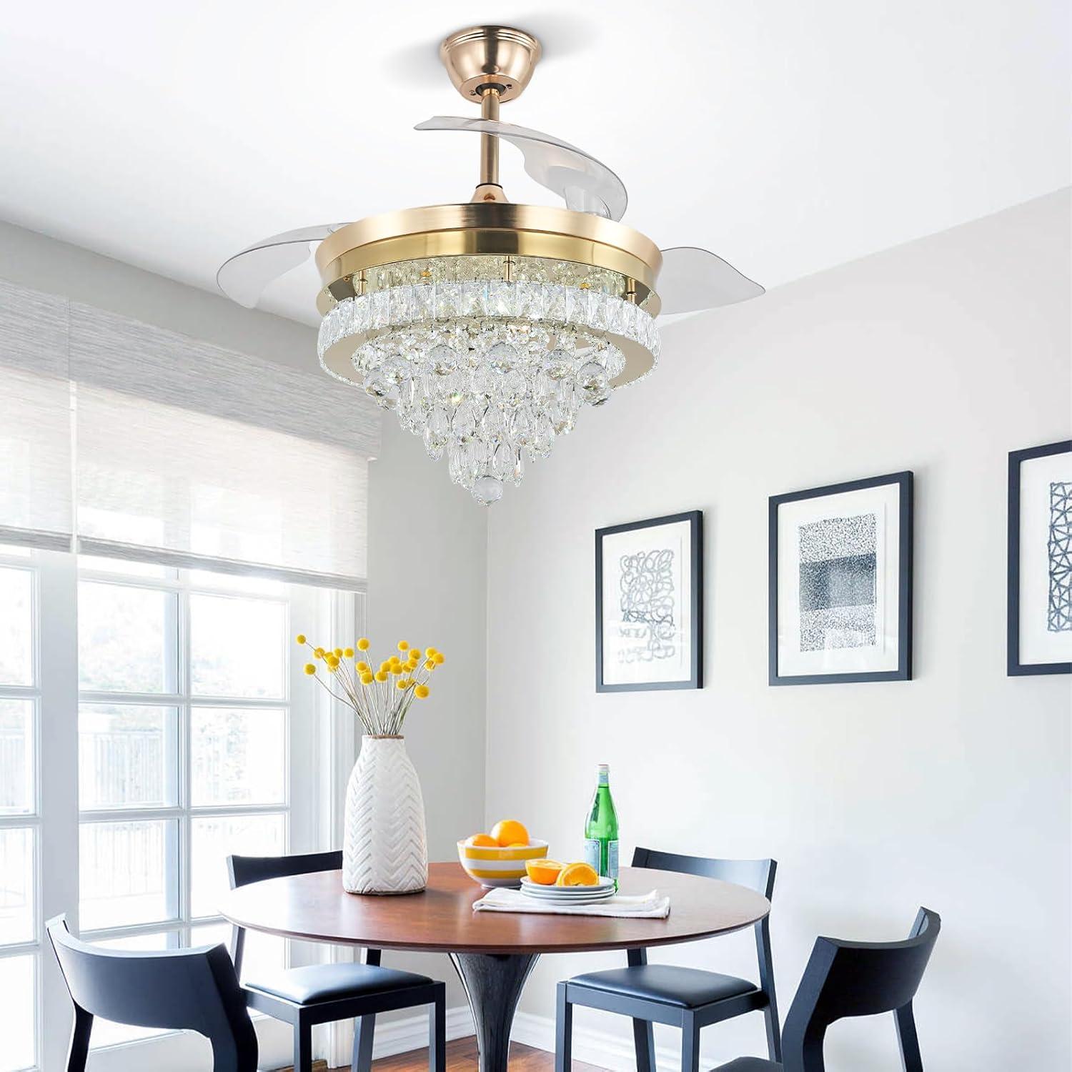 42 in. Indoor Gold Smart Retractable Crystal Ceiling Fan with Adjustable LED Light Included with Remote