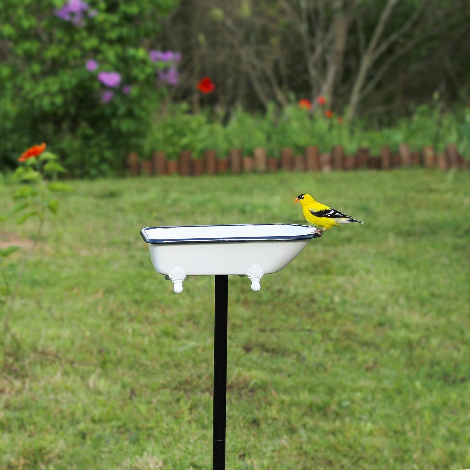 Brass Bird Bath Tub, White Finish, Featuring Clawfoot Bathtub Design, Bird Feeder, Includes Garden Pole by Good Directions