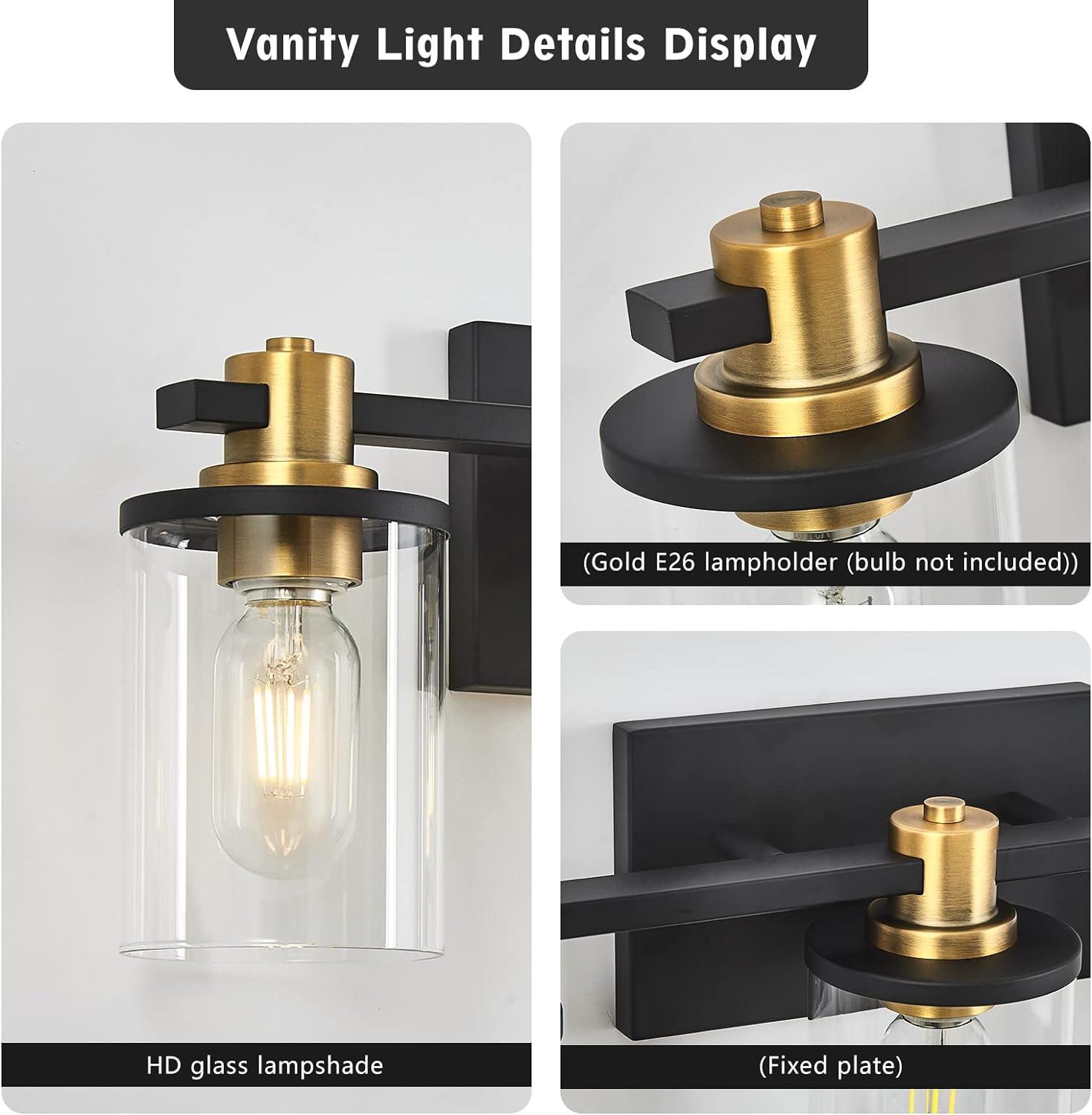 Black and Gold 3-Light Vanity with Clear Glass Shades