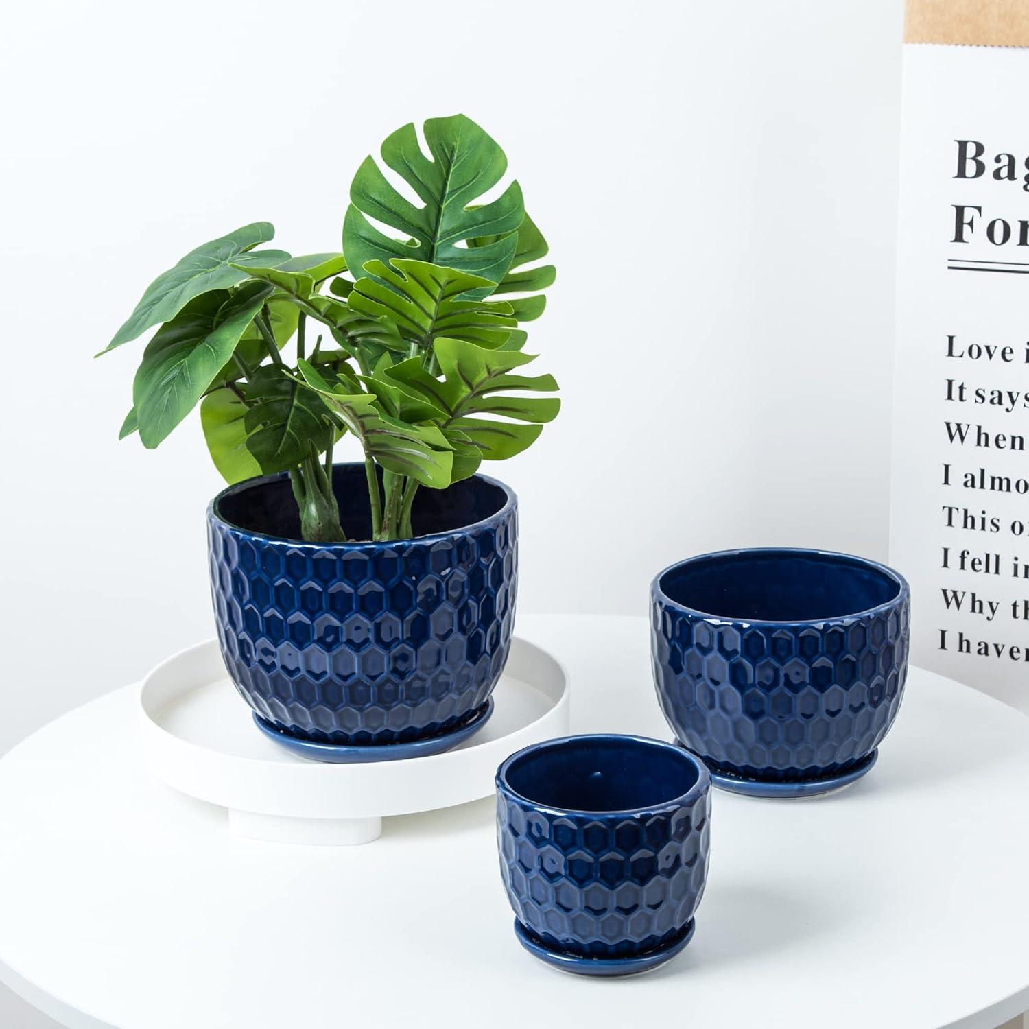 Ceramic Flower Pots with Drainage Hole and Saucer, North European Style Round Indoor Succulent Planters with Honeycomb Inspired Texture Design, Small to Medium-Sized, Set of 3, Navy Blue