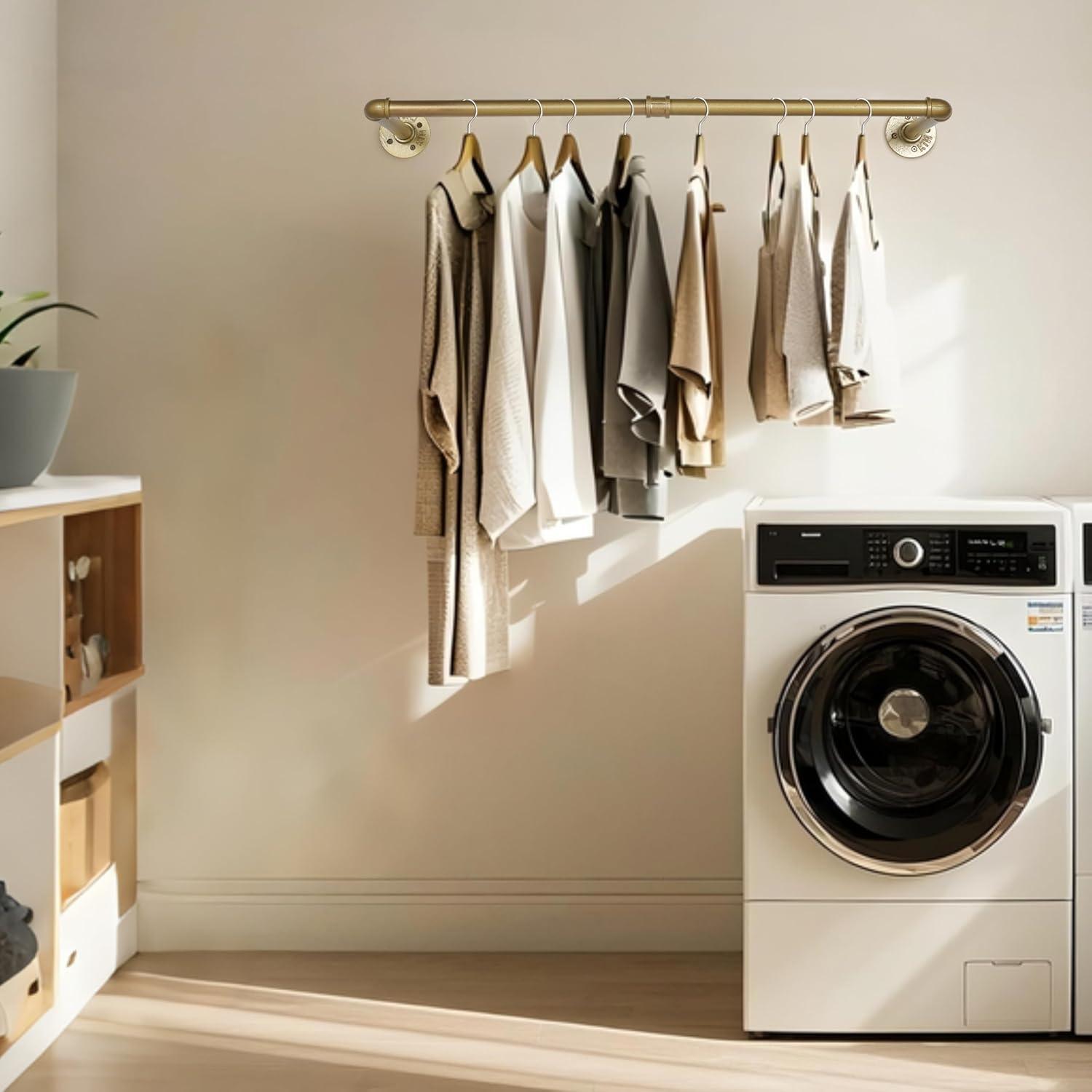 AddGrace 2 Pack Industrial Pipe Clothes Rack Gold Wall Mounted Clothing Rack for Hanging Clothes 34.5 Inch Multi-Purpose Garment Bar for Wardrobe and Laundry Room