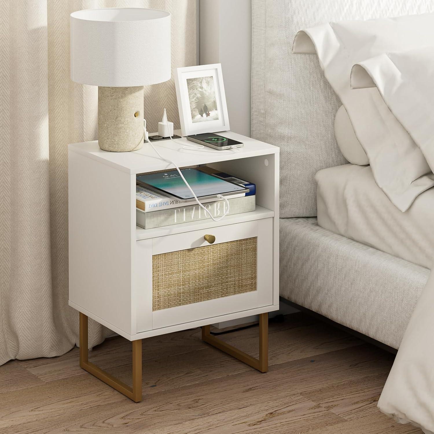 White and Gold Modern Rattan Nightstand with Drawer