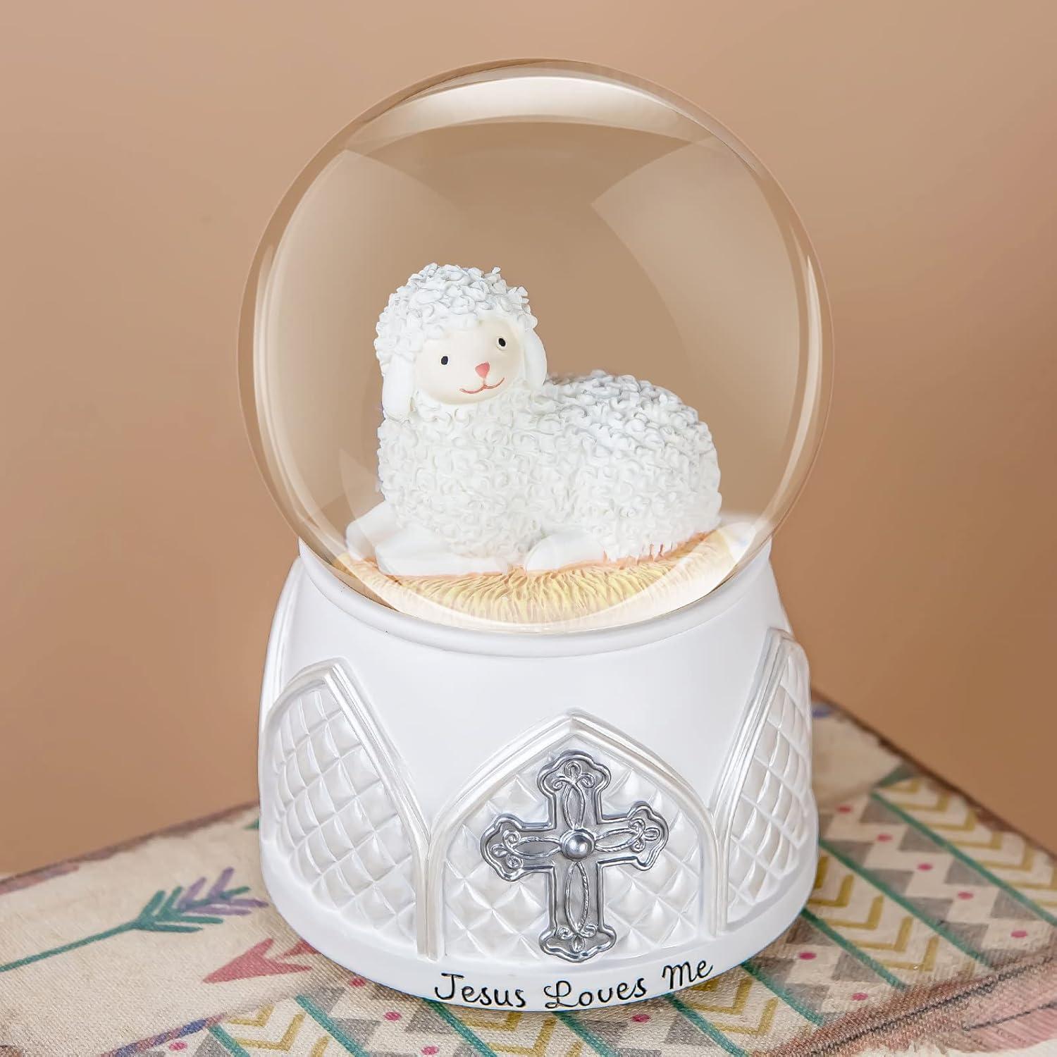 Jesus Loves Me Snow Globe, Jesus White Lamb Baptism Music Box, Religious Gift for Pastors Girls Wife Girlfriends Friends Easter Birthday Present
