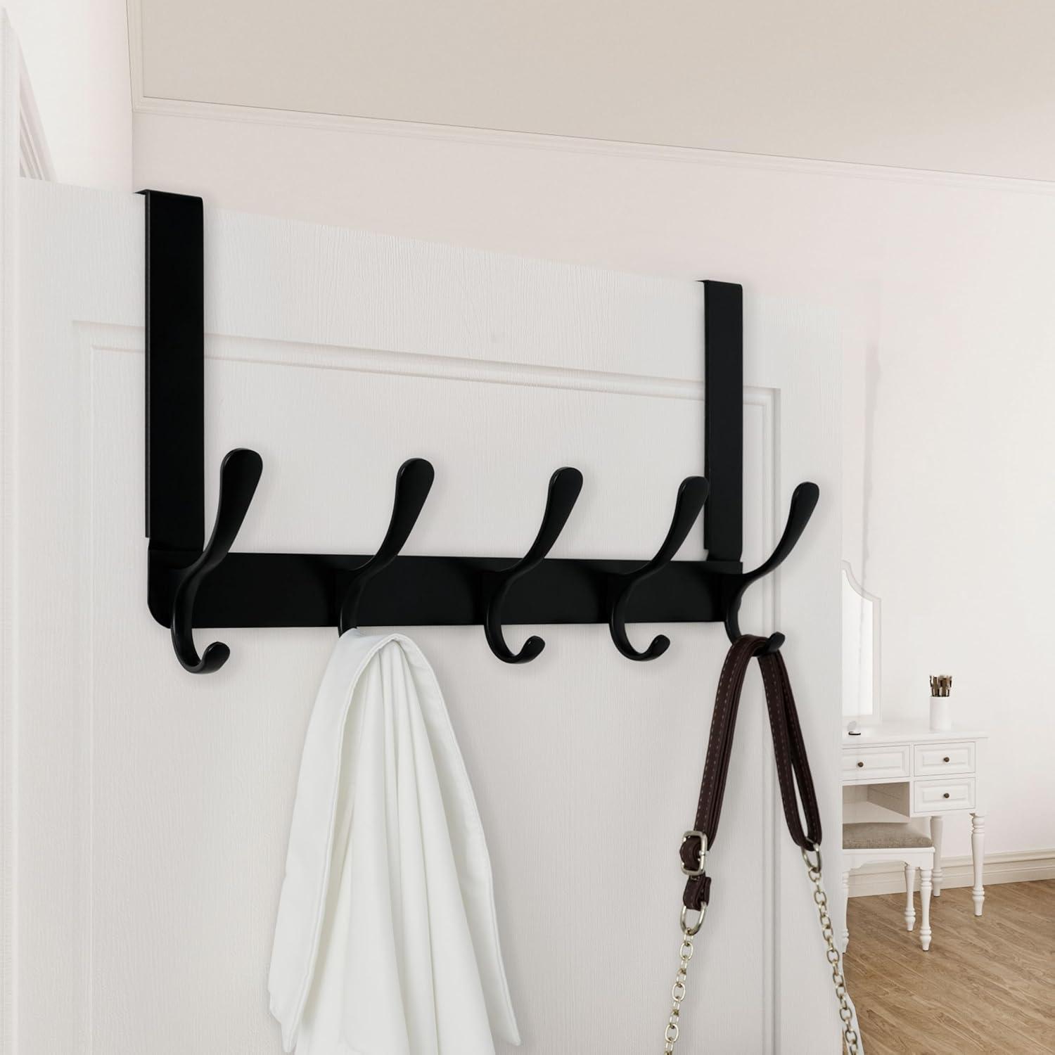 WEBI Over The Door Hook,Door Hanger Hook Rack with 5 Tri Hooks for Hanging Coats,Over Door Towel Rack Door Coat Towel Hanger Door Coat Rack for Bathroom,Behind Back of Door,Black