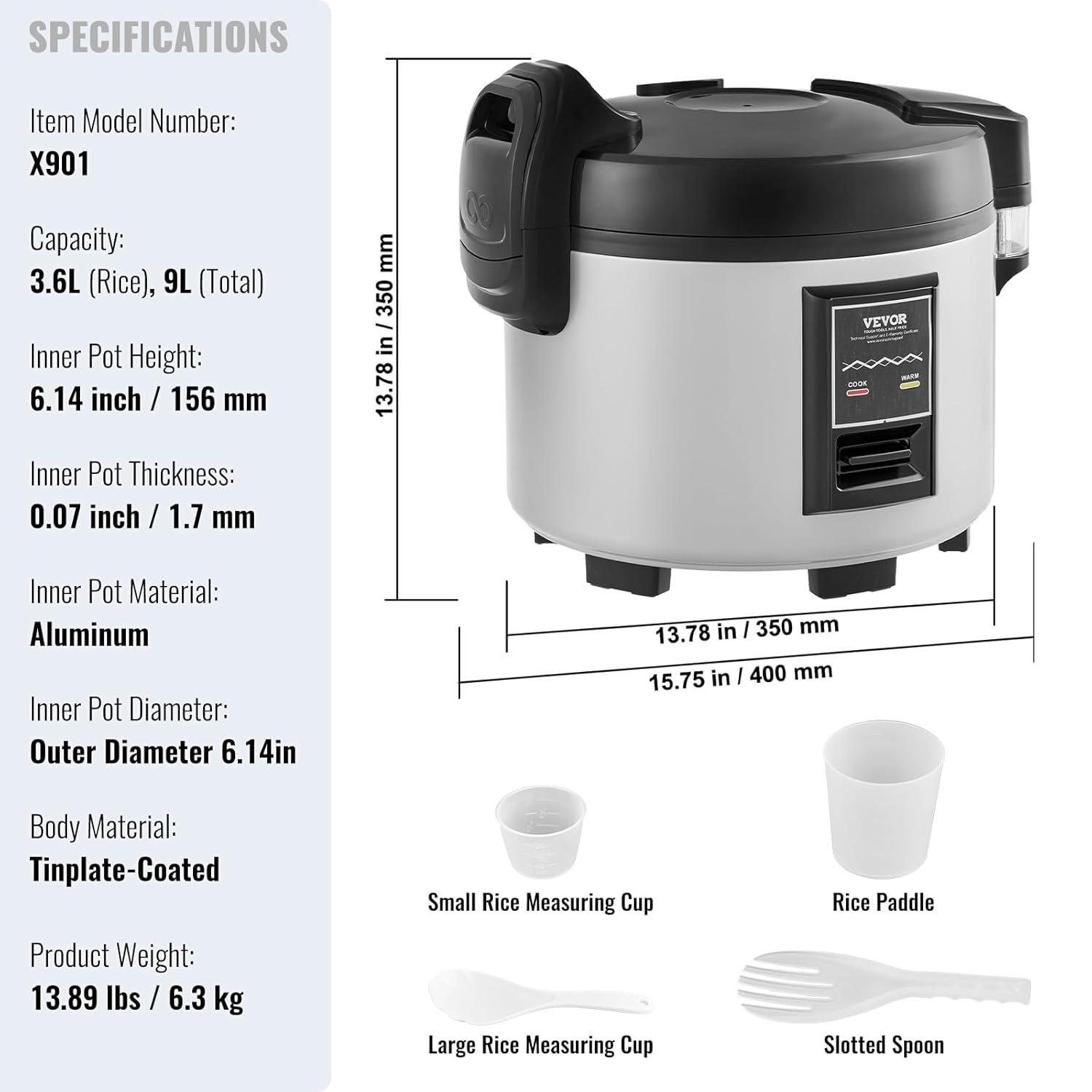 VEVOR Commercial Rice Cooker 45-Cup Non-Stick Pot 9L 12H Keep Warm