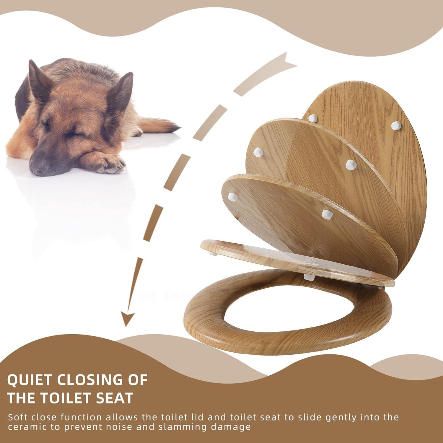 Round Natural Wood Toilet Seat with Slow Close Hinges