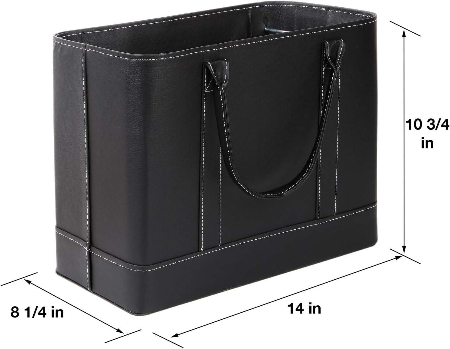 Black Faux Leather File Organizer Tote with White Stitching