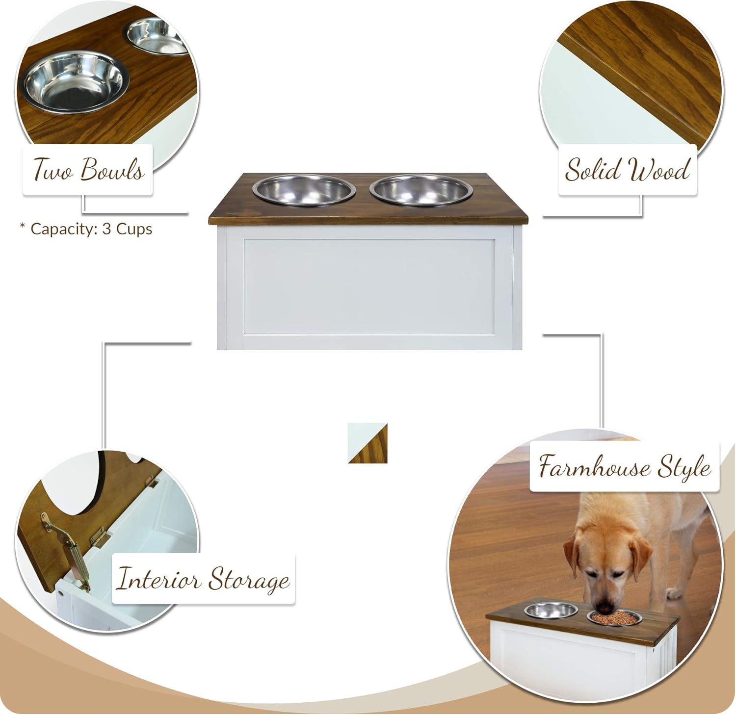 Two-Tone White and Brown Wooden Pet Feeder with Storage