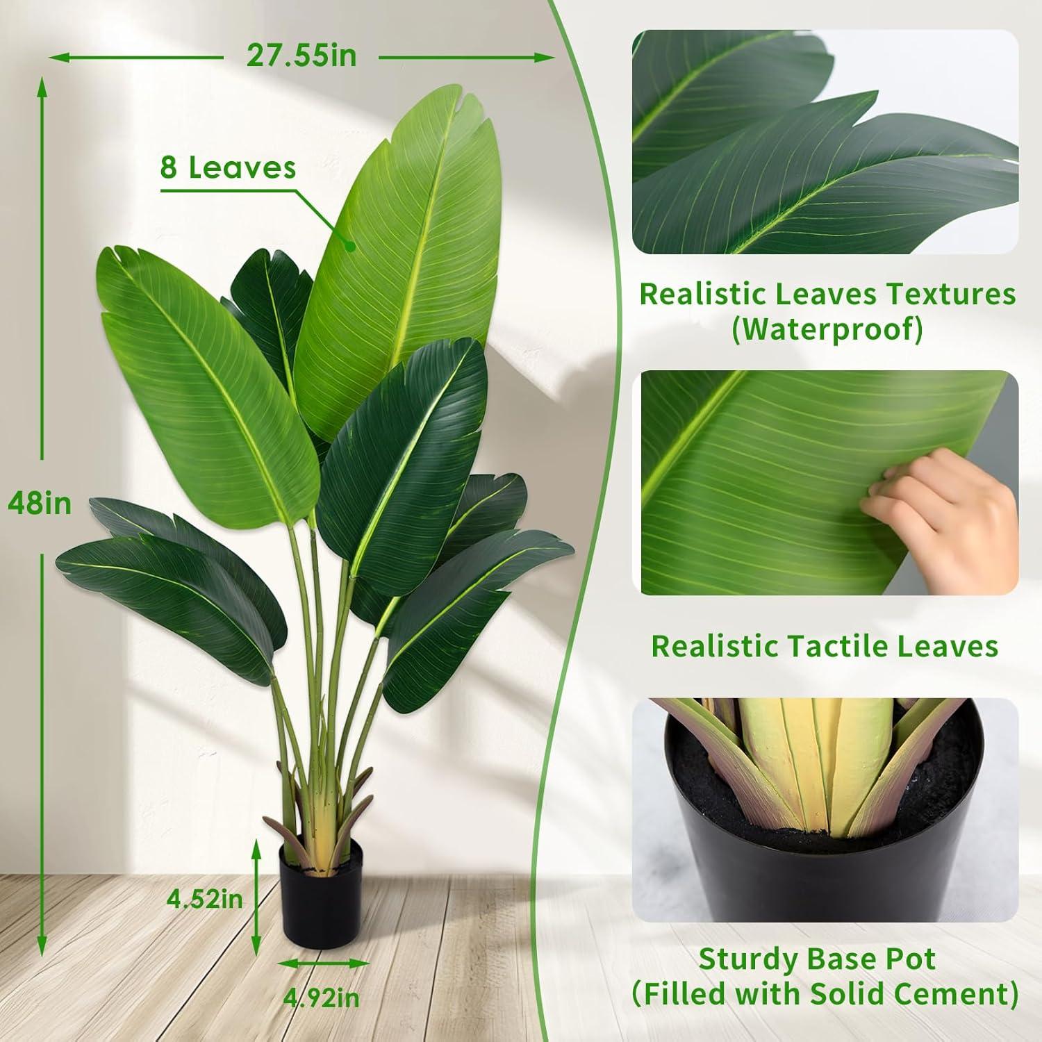 HOMEFAN Artificial Tree Bird of Paradise Artificial Plant 4 Feet Faux Plant with 8 Trunks Artificial Banana Leaf Fake Plants in Pot for Home Decor Indoor Living Room Outdoor Decor Housewarming Gift