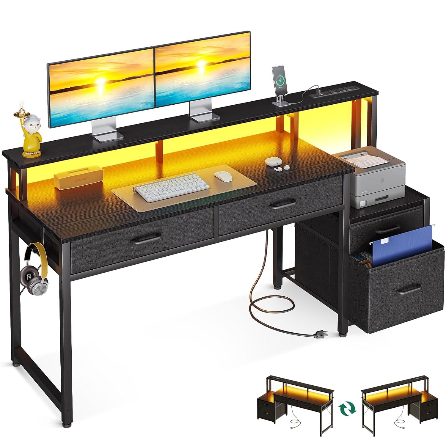 FETON 55-Inch Computer Desk with File Cabinet and Fabric Drawers, Reversible Office Desk with LED Strip and Power Strip, Gaming Desk with Monitor Riser, Writing/Study Table for Home, Black