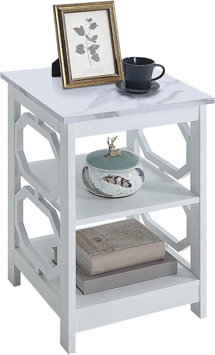 Convenience Concepts Omega End Table with Shelves, White Faux Marble/White