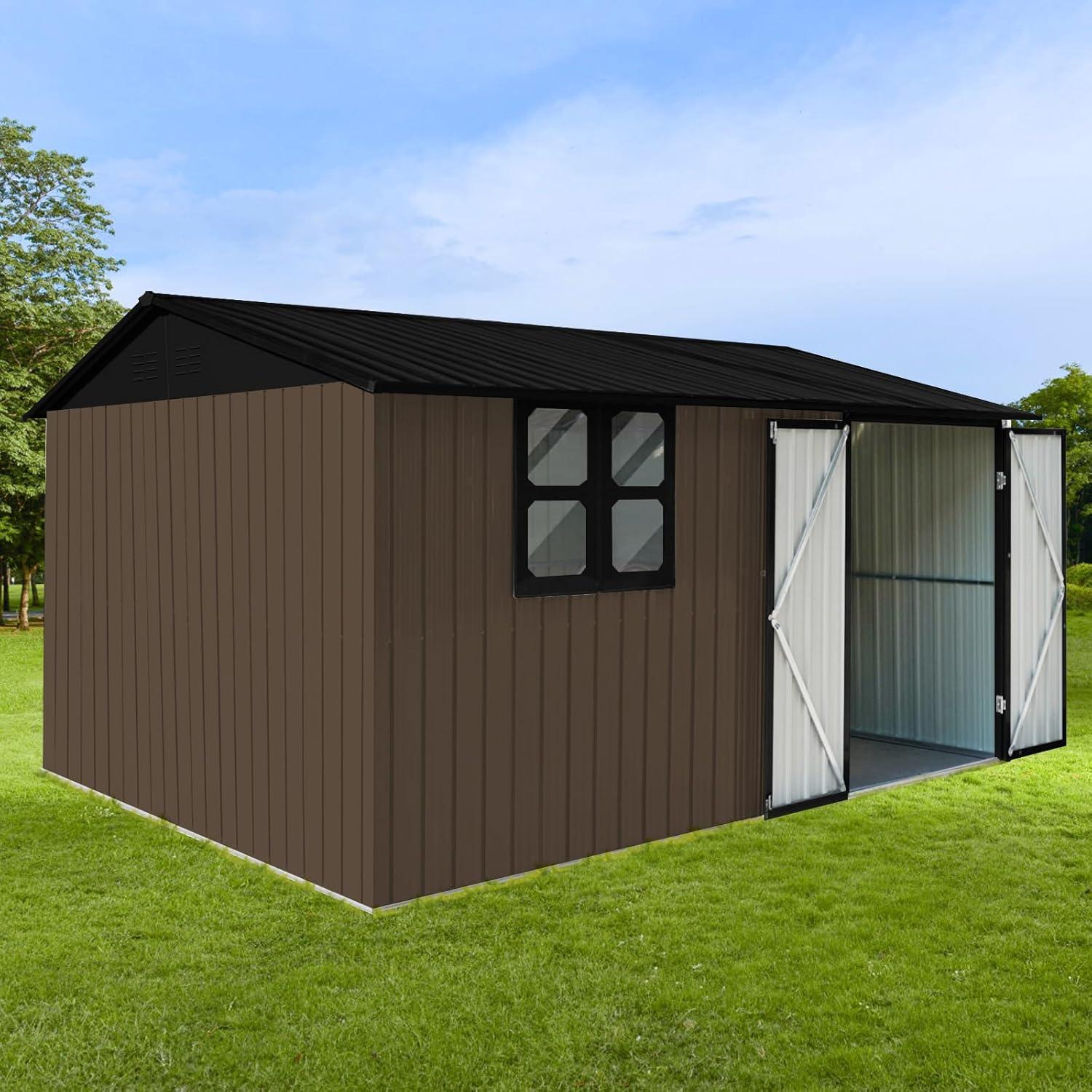 10x12 FT Outdoor Storage Shed, Metal Aluminum Waterproof Tool Shed with Window and Foldable Door, Heavy-Duty Sheds for Storing Bicycles, Lawnmowers, Barbeques