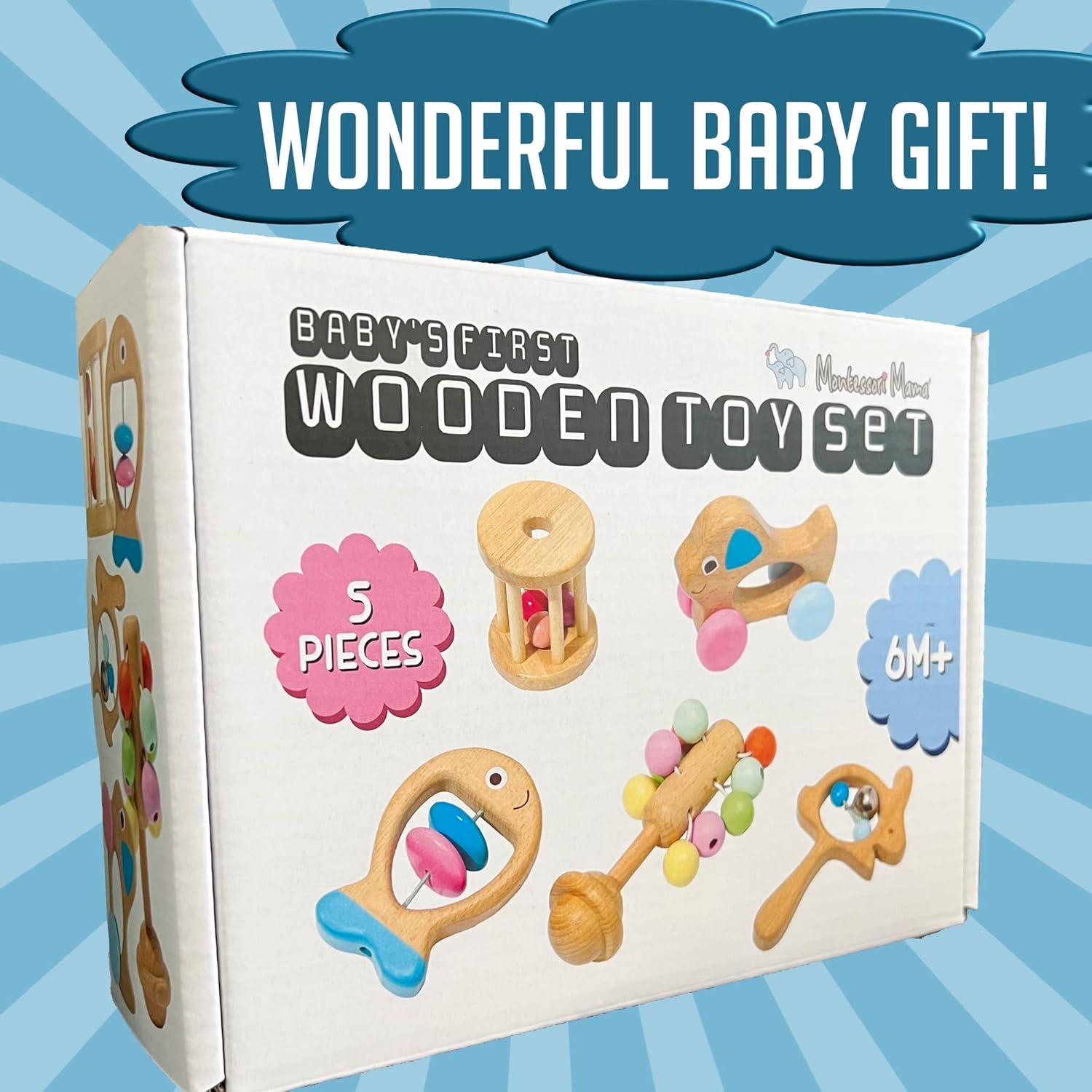 Montessori Mama Wooden Toys for Babies 5-Piece Collection - Multi-Sensory Learning Rattle for Babies - Infant Wooden Toy Set Baby Weights Toys - Teether