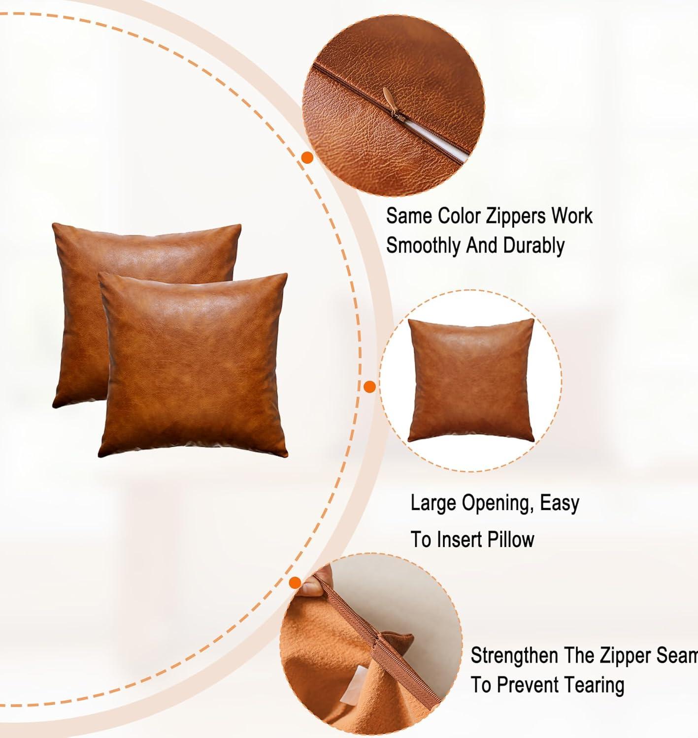 Faux Leather Throw Pillow Covers 18X18 Inch Set of 2 Brown Outdoor Modern Farmhouse Solid Decorative Pillow Covers for Room Couch Living Bedroom Bed Sofa