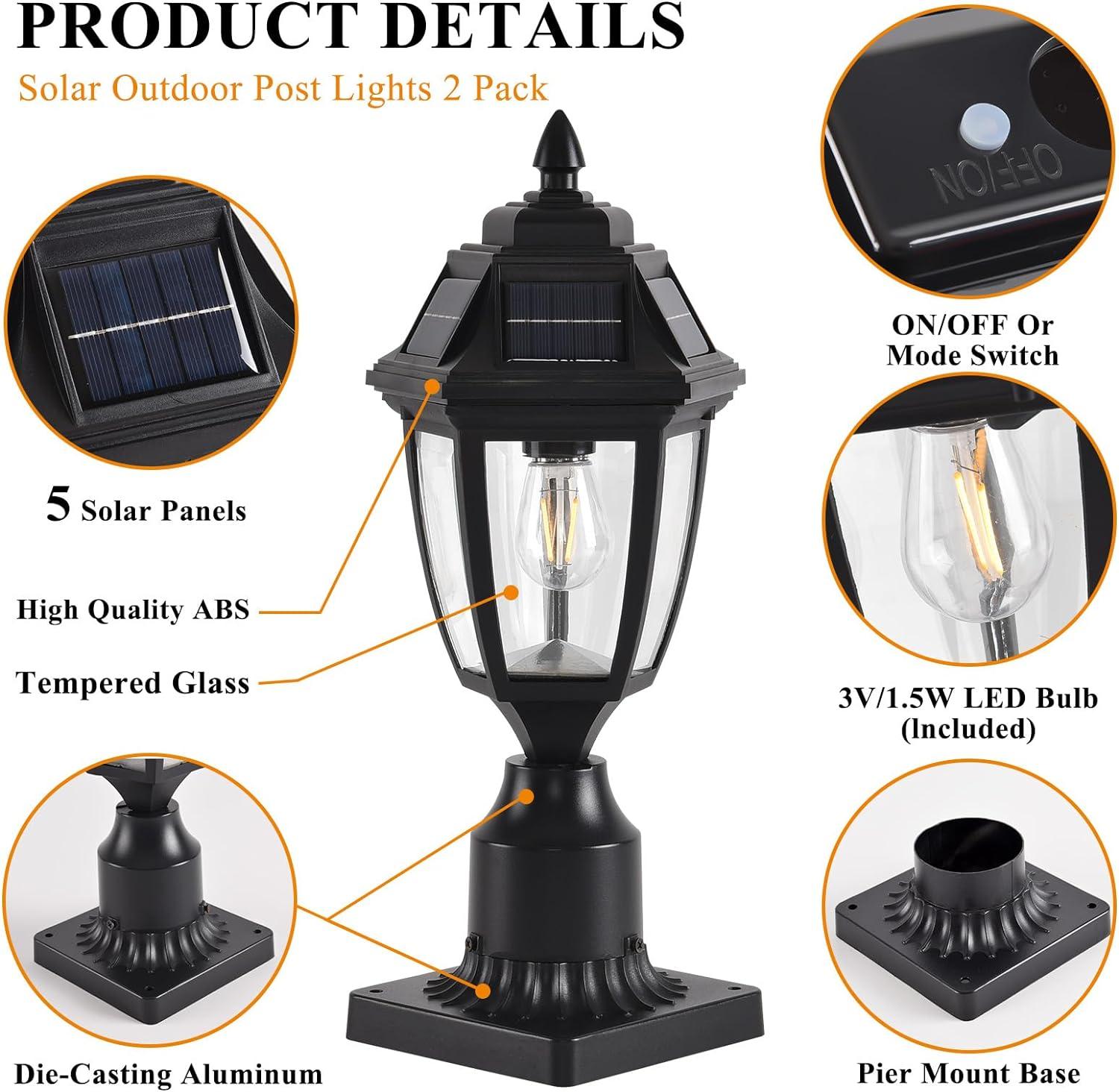 Solar Post Lamp Lights, 3000K Dusk to Dawn Solar Post Light with Pier Mount Base, Outdoor Waterproof Solar Motion Sensor Lights for Garden Yard Landscape Pole Pillar