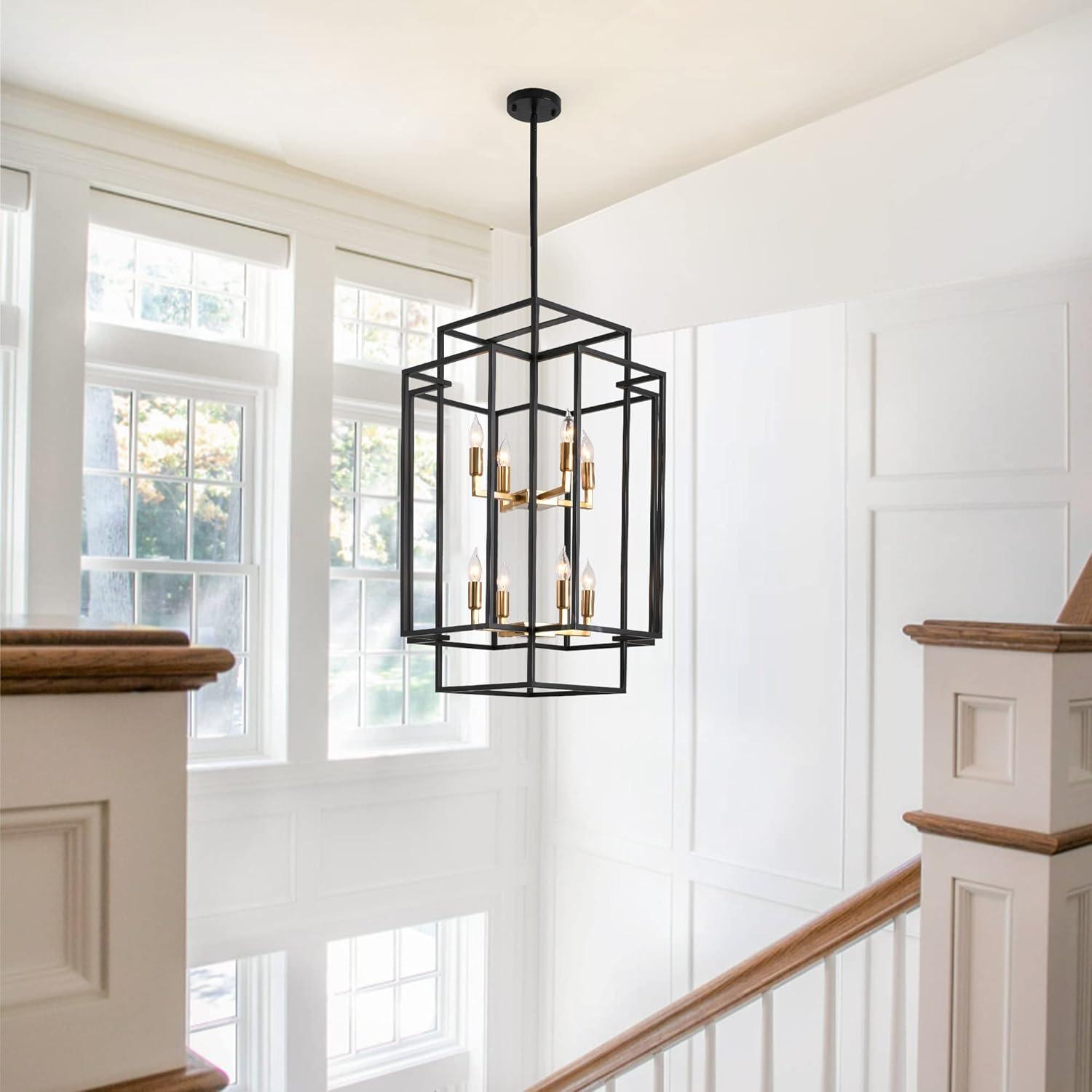 8-Light Black and Gold Industrial Lantern Chandelier