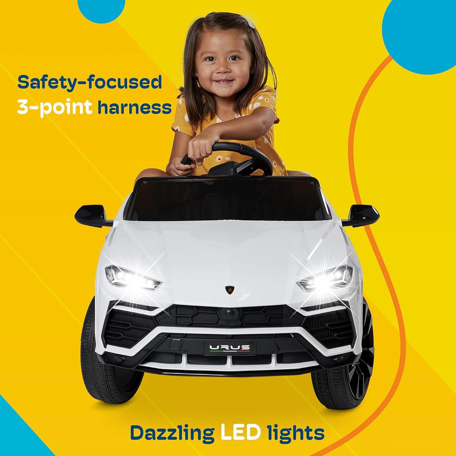 Kidzone 12V 7AH Kids Ride On Car Licensed Lamborghini Urus Electric Vehicle High/Low Speed With 2.4G Remote Control, Horn, Radio, USB, AUX, Spring Suspension, Opening Door, LED light, Black