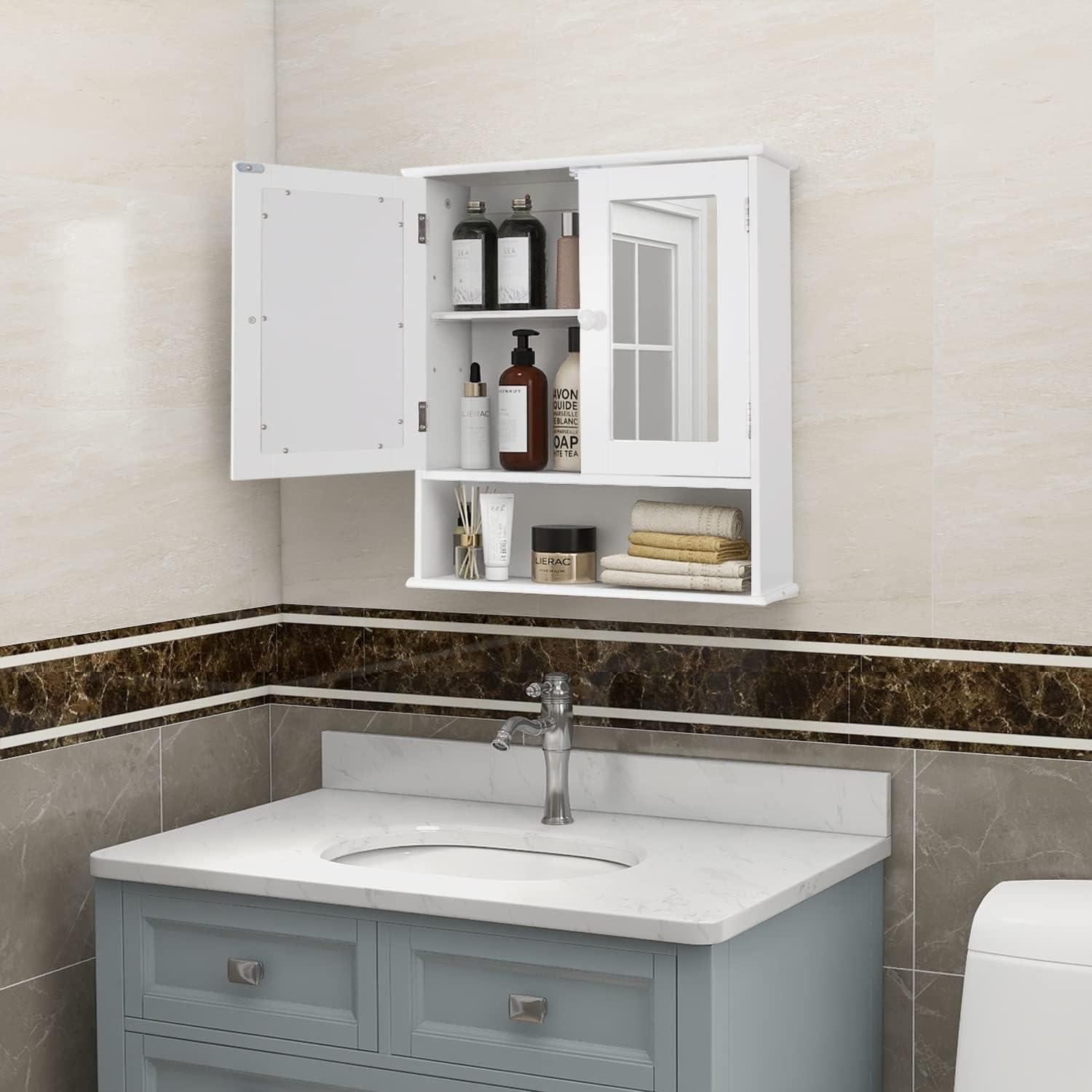 Medicine Cabinet, Medicine Cabinets For Bathroom With Mirror 2 Doors 3 Open Shelf, Bathroom Cabinet Wall Mounted Wooden Storage Over Toilet Laundry Room Kitchen