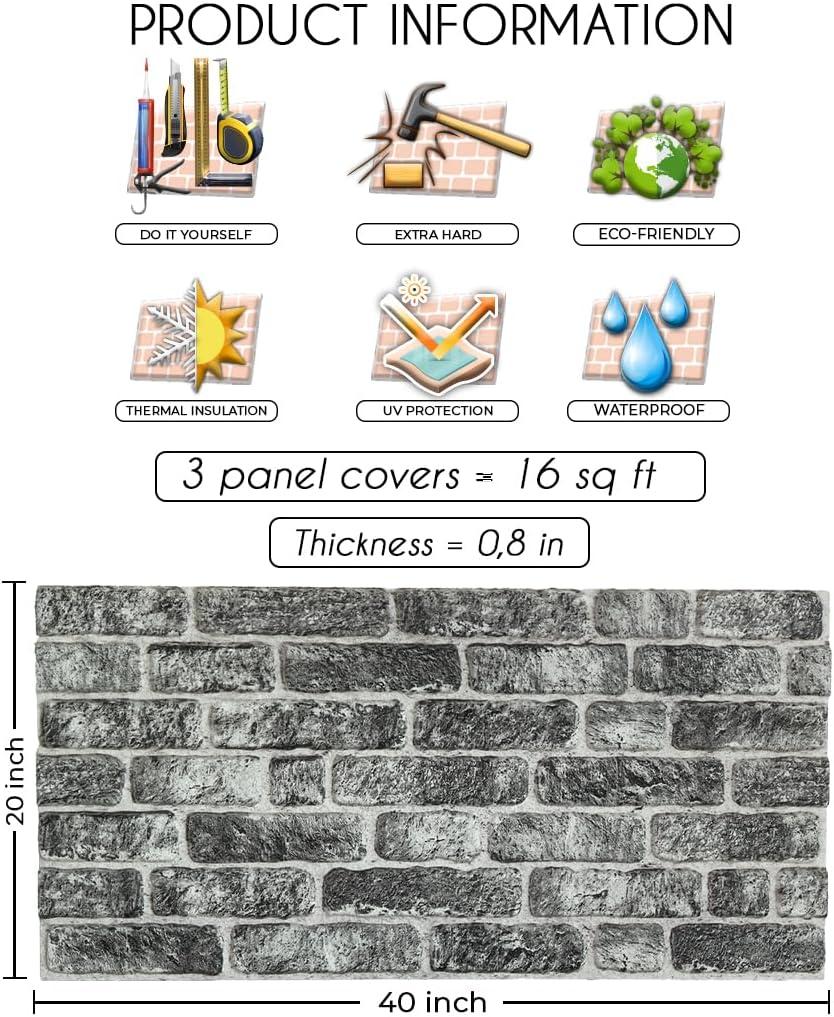 IZODEKOR 3D Wall Panels Lycia Effect - Cladding, Stone Look, Styrofoam Facing for Living Room, Kitchen, Bathroom, Balcony, Bedroom, Back of Counter | SL-1703 Old Town (3x Panels) - Covers 16 sq ft