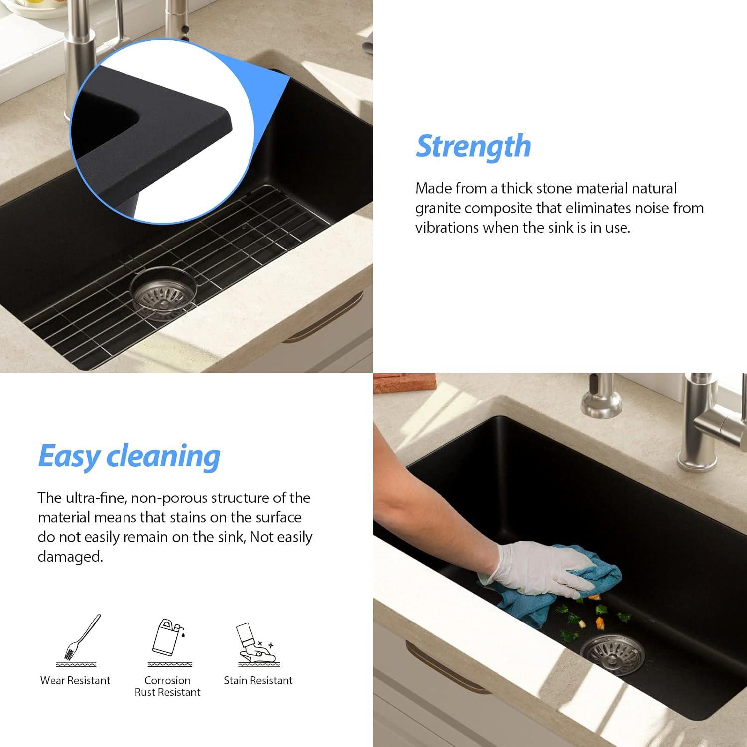 Davivy 33 Inch Black Granite Composite Kitchen Sink Workstation, 33 X 22 Quartz Composite Dual Mount Sink, Matte Black Composite Single Bowl Sink