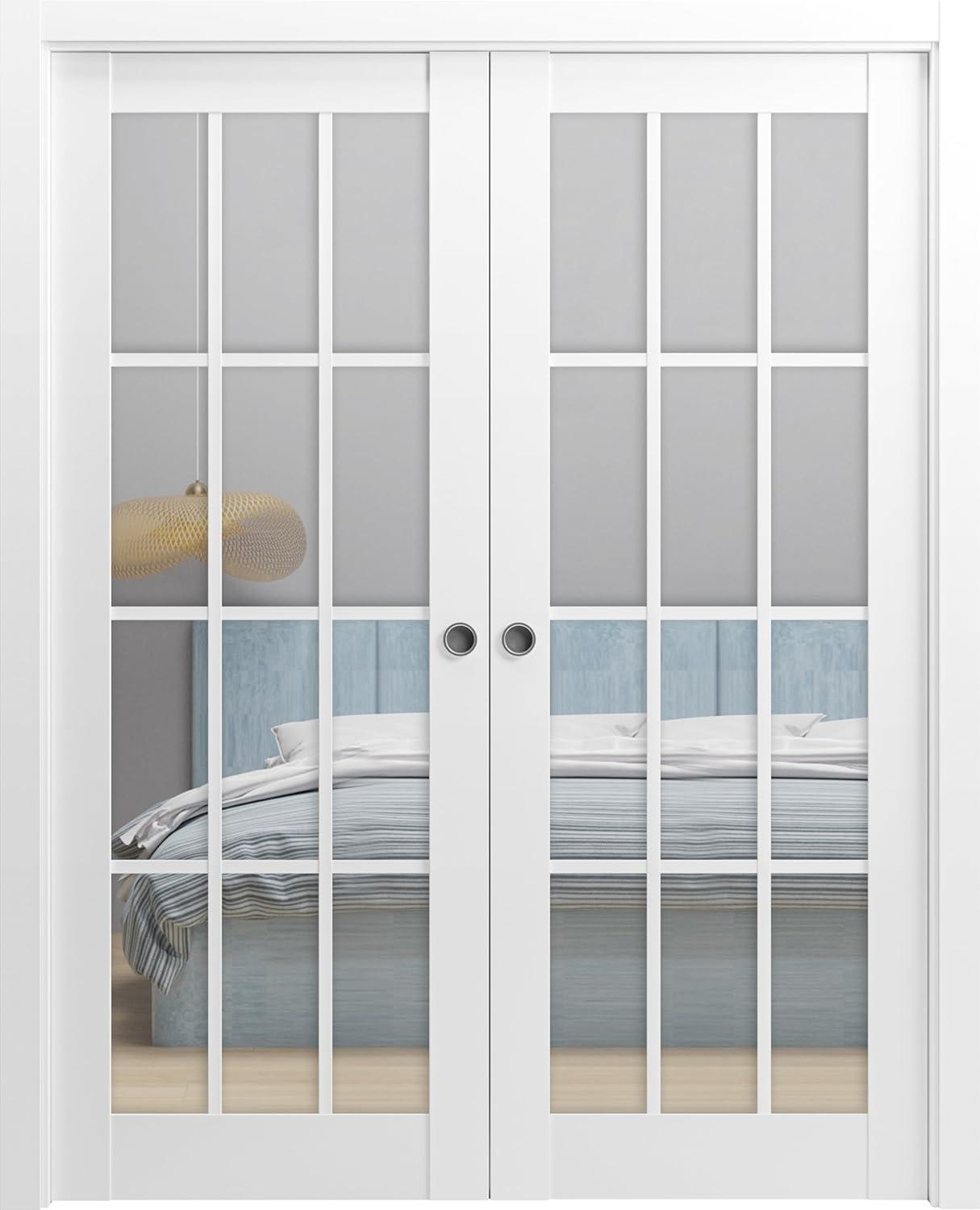 Sliding French Double Pocket Doors 12 lites | Felicia 3355 | Kit Trims Rail Hardware | Solid Wood Interior Bedroom Sturdy Doors