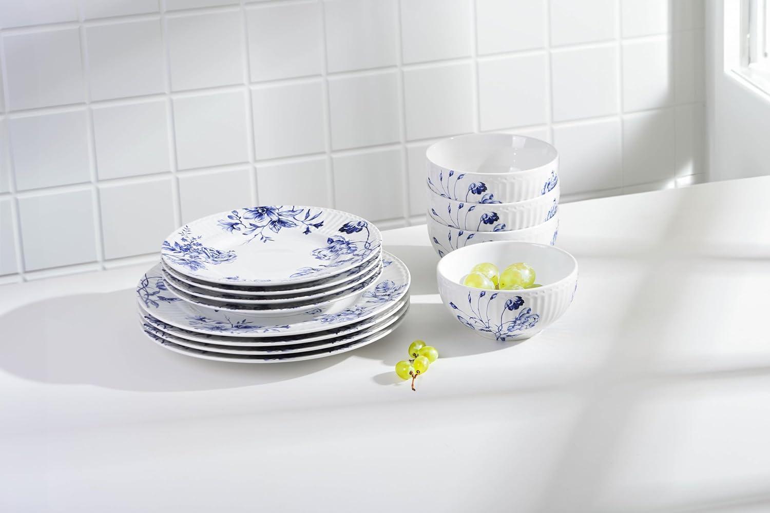 222 Fifth 222 Fifth Cassian Embossed Toile Blue Porcelain Dinnerware Set - Service For 4 (Set of 12)