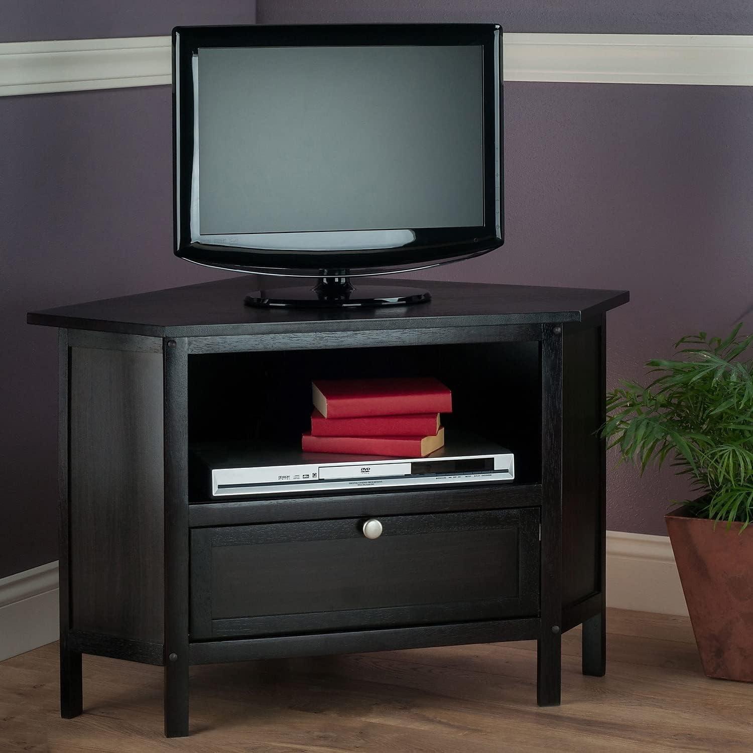 Winsome Zena Corner TV Stand for TVs up to 27" Espresso: Mid-Century Modern, Open Shelving, MDF Wood