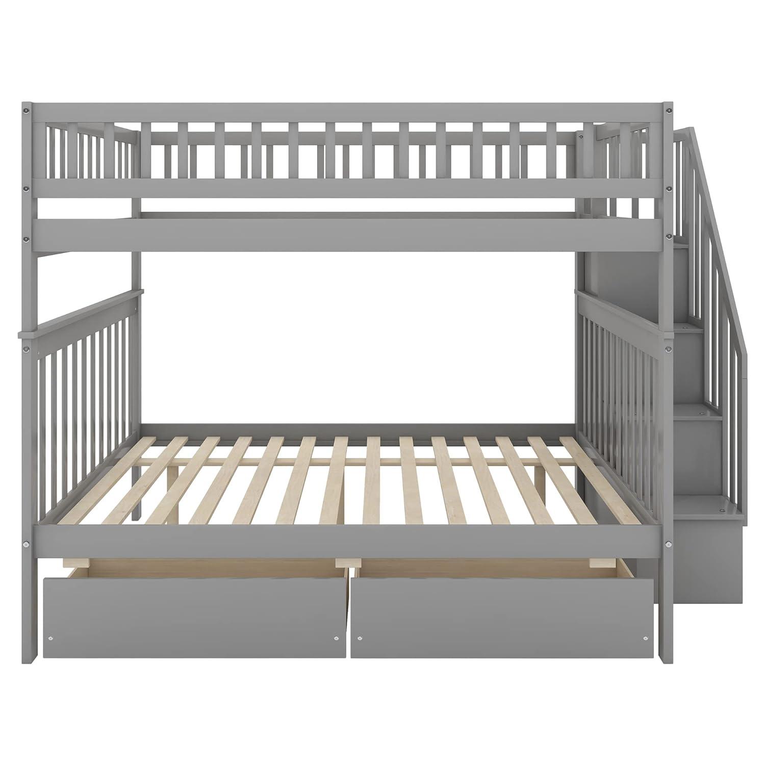 Full Over Full Bunk Beds with Drawers and Stairs Stairway Bunk Bed Frame with Storage Shelves for Kids Teens Adult, Wood Full Bunk Bed for Boys Girls Adults, Gray