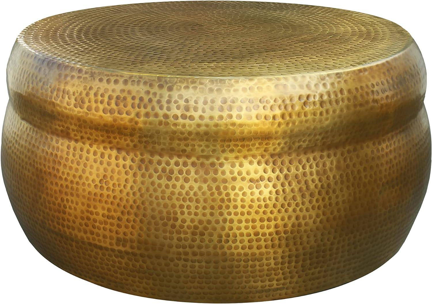 32" Artisanal Antique Brass Round Drum Coffee Table with Storage
