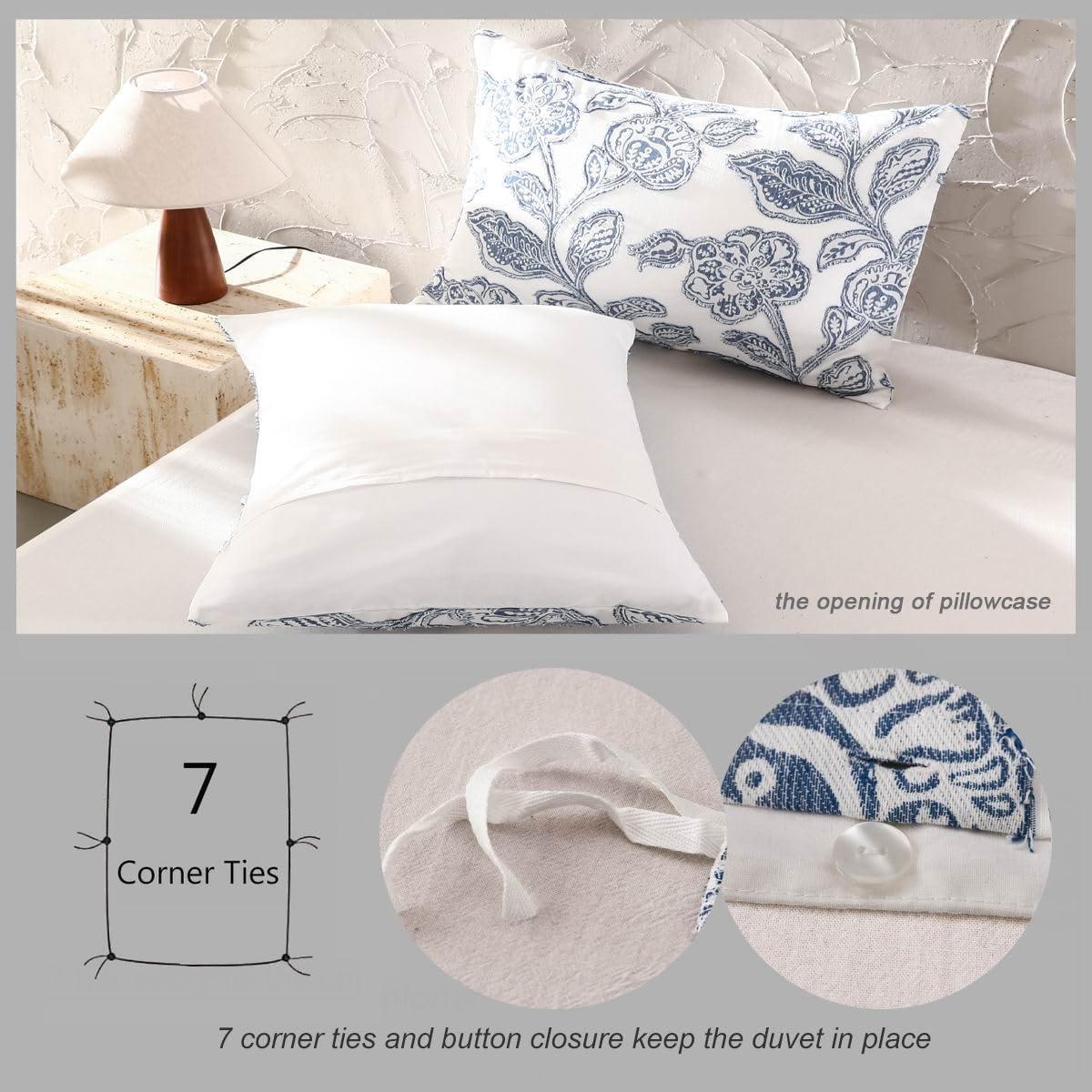 Queen Blue Cotton Jacquard Floral Duvet Cover Set