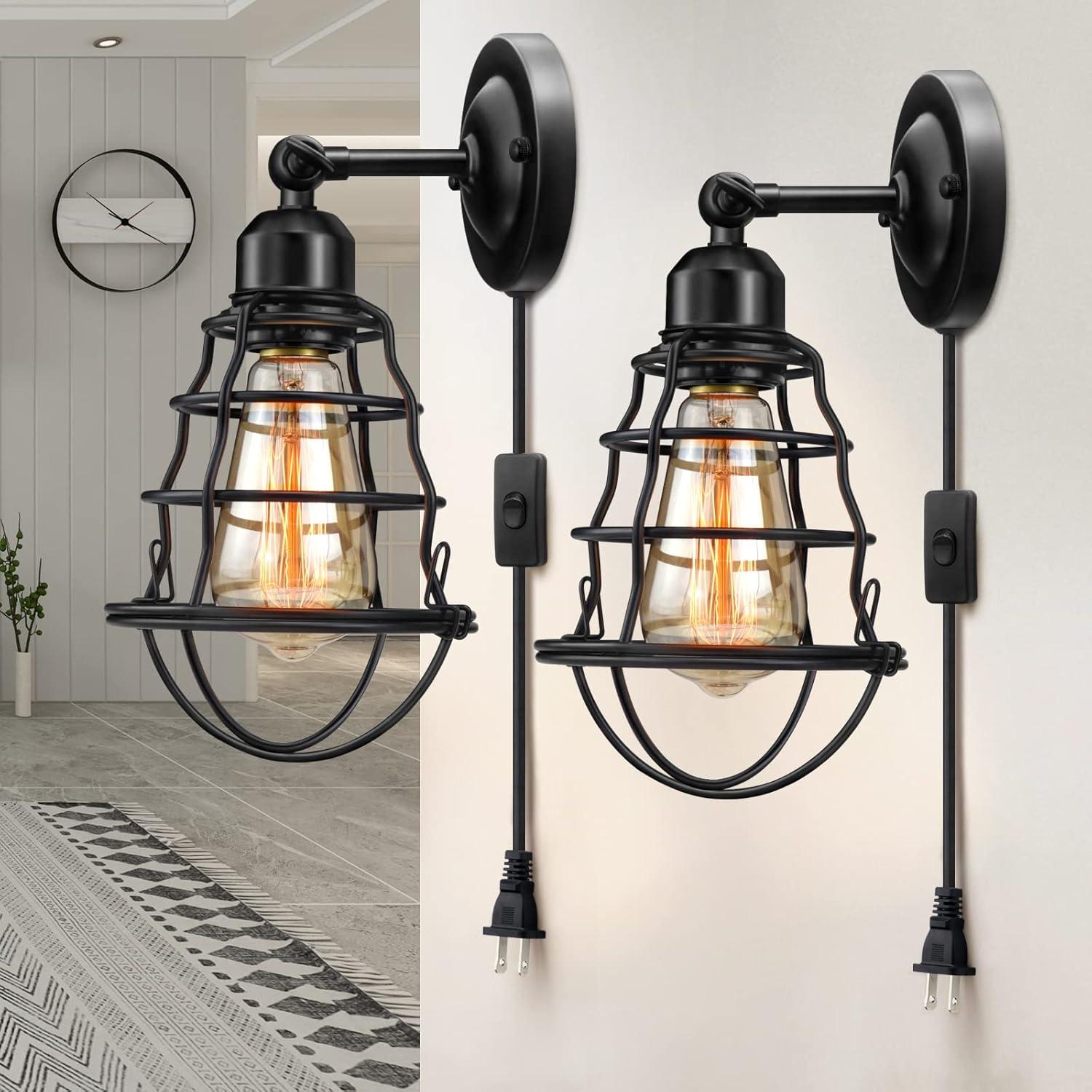 Black Industrial Wire Cage Plug-In Wall Sconces Set