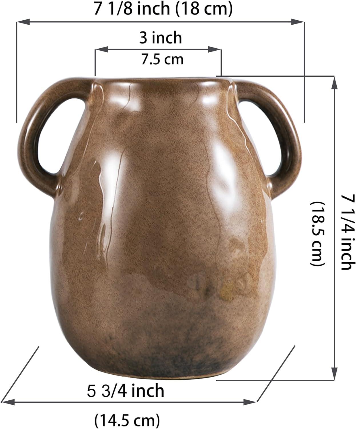 Kimdio Brown Ceramic Vase with 2 Handles, Modern Farmhouse Vase for Home Decor, Vintage Rustic Pottery Vase, Decorative Terracotta Vase, Clay Jug for Living Room Dining Table Shelf