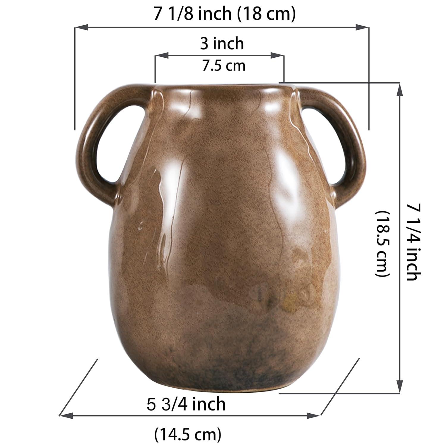 Kimdio Brown Ceramic Vase with 2 Handles, Modern Farmhouse Vase for Home Decor, Vintage Rustic Pottery Vase, Decorative Terracotta Vase, Clay Jug for Living Room Dining Table Shelf