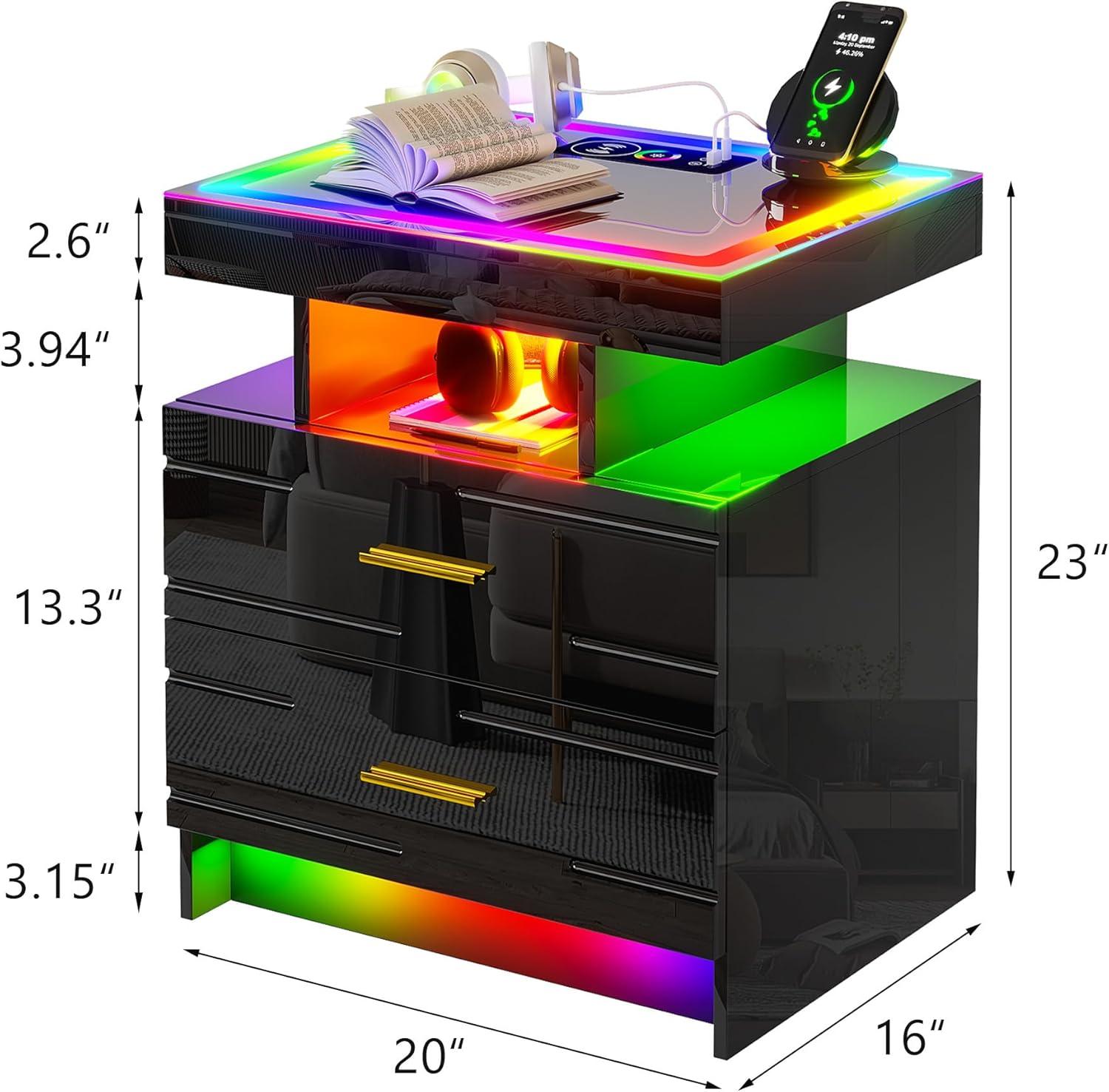 HNEBC Smart LED Nightstand with Wireless Charging & USB Ports, High Glossy Night Stand with 3 Drawers and 1 Pull-Out Tray, Modern Bedside Table with Human Sensor for Bedroom (White)
