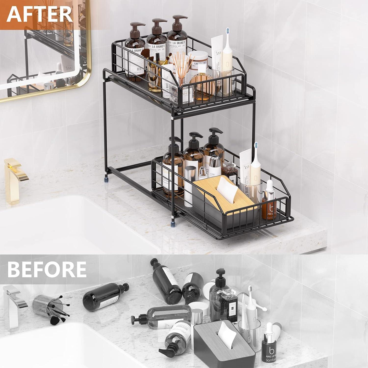 Rebrilliant Under Sink Organizer, 2 Tier Under Sink Organizers And Storage, Metal Slide Out Pull Out Cabinet Organizer ,2 Pack Sliding Drawer Organizer For Kitchen Bathroom Pantry