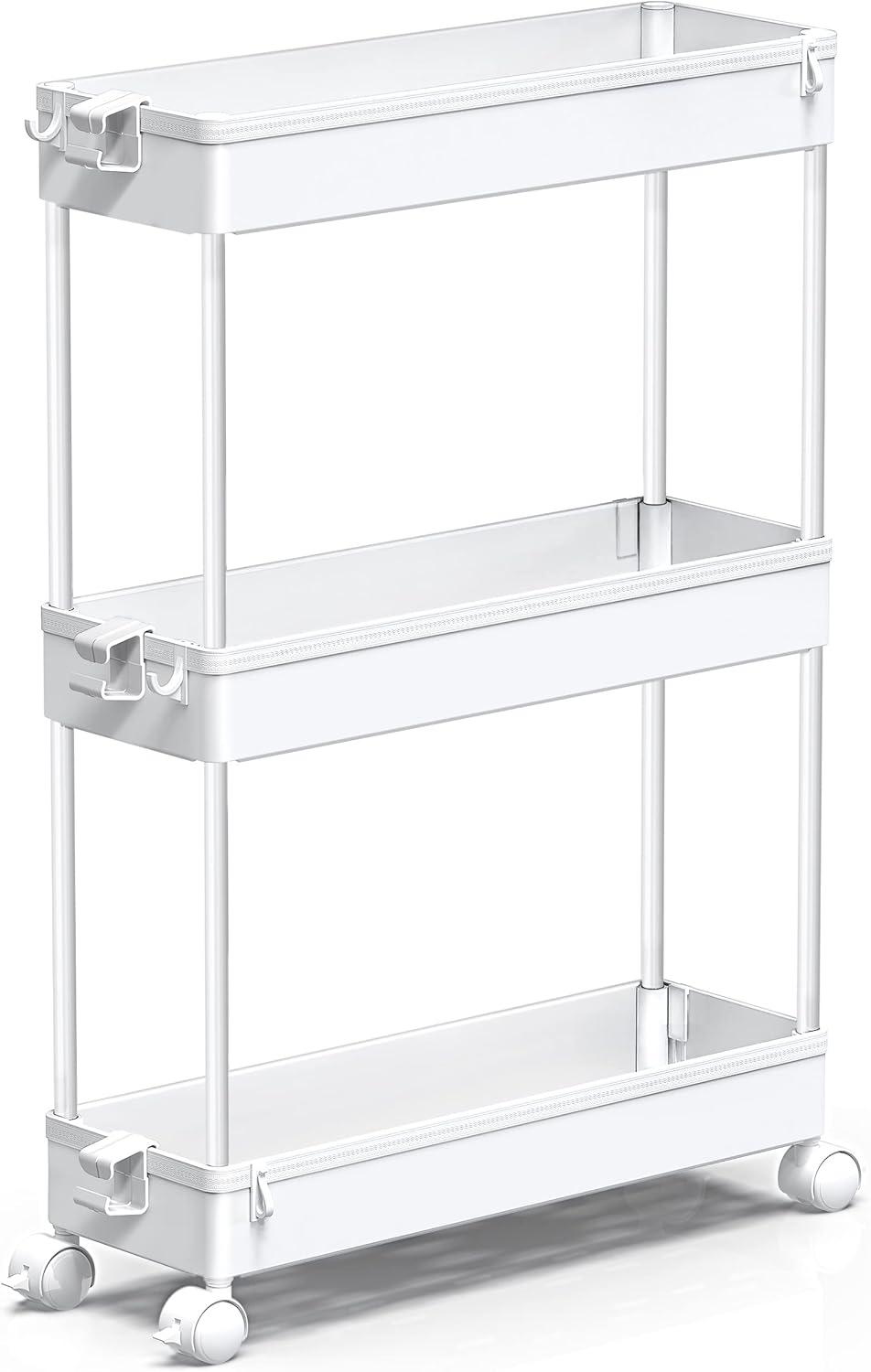 White Slim 3-Tier Rolling Storage Cart with Side Hoops