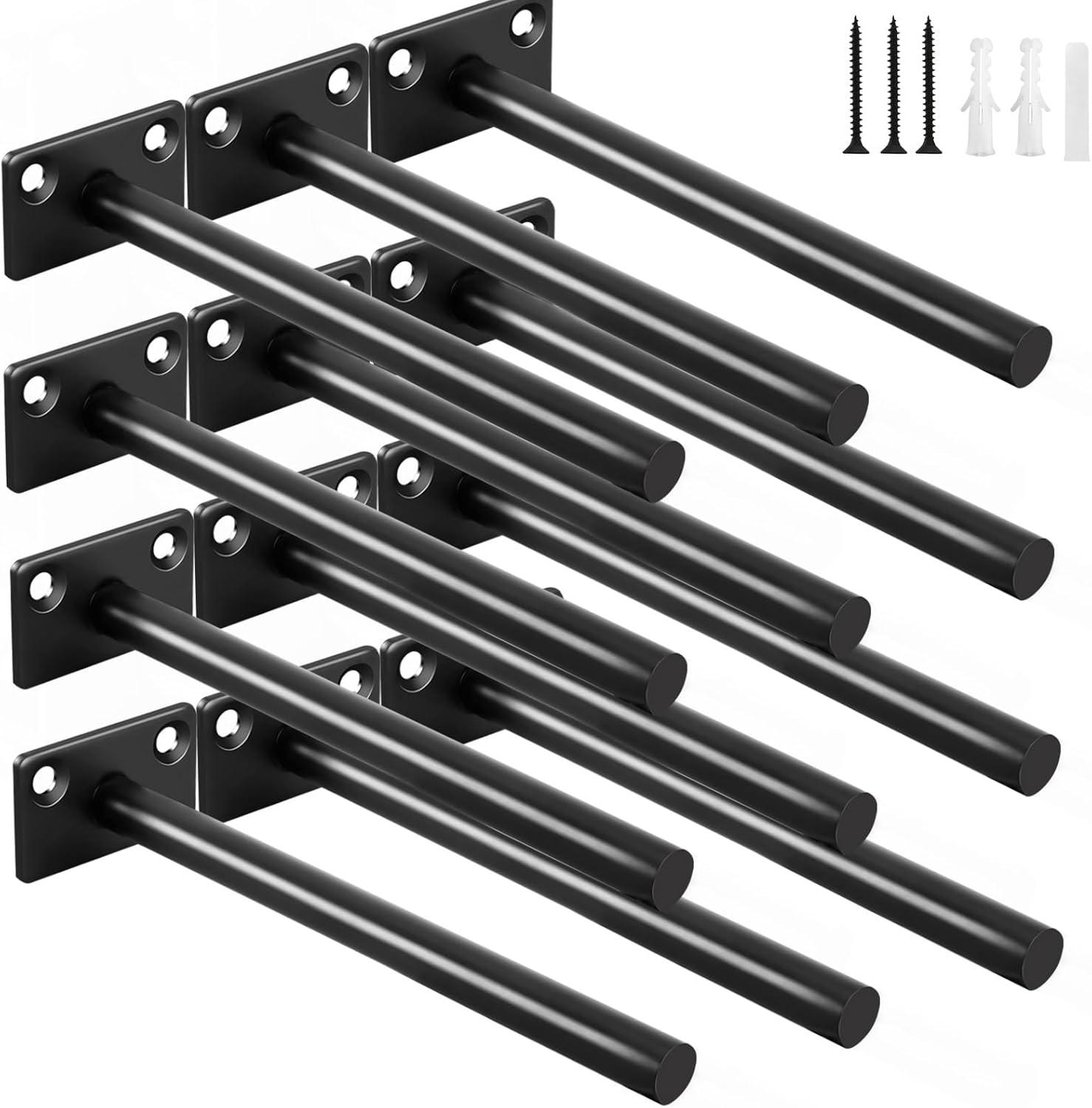 8 Pcs 6" Black Solid Steel Floating Shelf Bracket Blind Shelf Supports - Hidden Brackets for Floating Wood Shelves - Concealed Blind Shelf Support – Screws and Wall Plugs Included