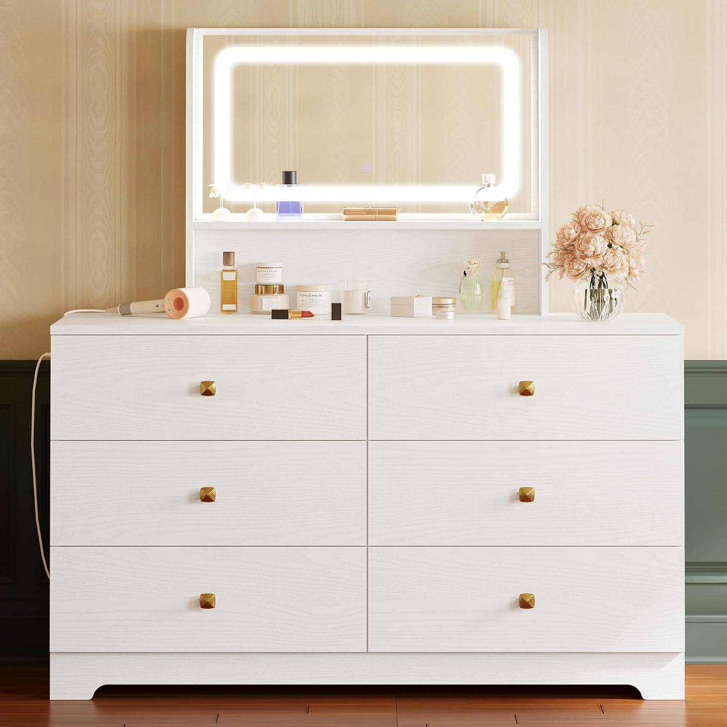 LIKIMIO Dresser for Bedroom 6 Drawer, Wood Dresser with Mirror and Charging Station, Storage Chest of Drawers for Living Room Hallway Entryway, White