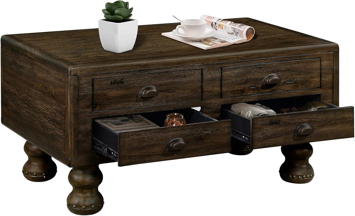 Solid Wood Rectangle Coffee Table For Living Room, 40-Inch Antique Coffee Table With 4 Drawers, Wood Center Table Tea Table With Rivet Decoration Legs.Easy Assembly, Espresso