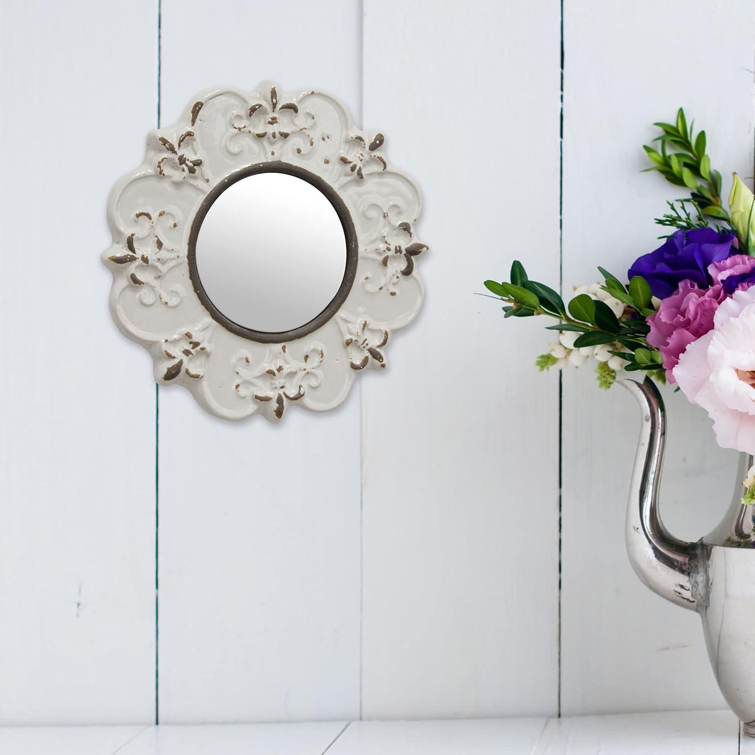 Antique White 8" Round Ceramic Fleur de Lis Wall Mirror